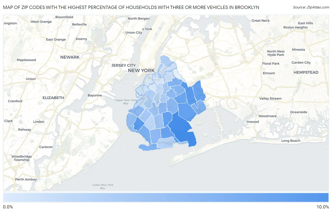 Zip Codes with the Highest Percentage of Households With Three or more Vehicles in Brooklyn Map