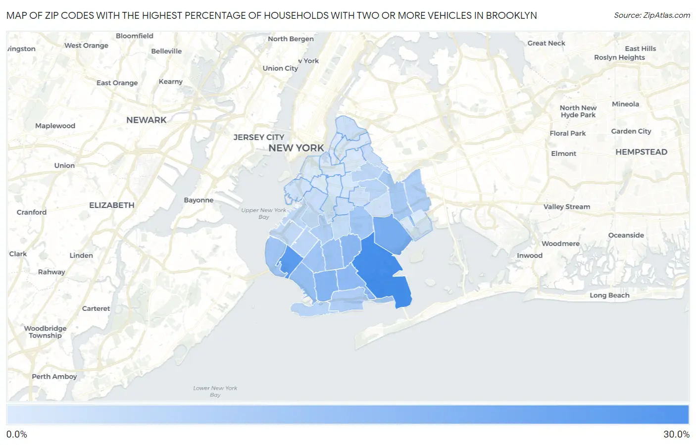 Zip Codes with the Highest Percentage of Households With Two or more Vehicles in Brooklyn Map