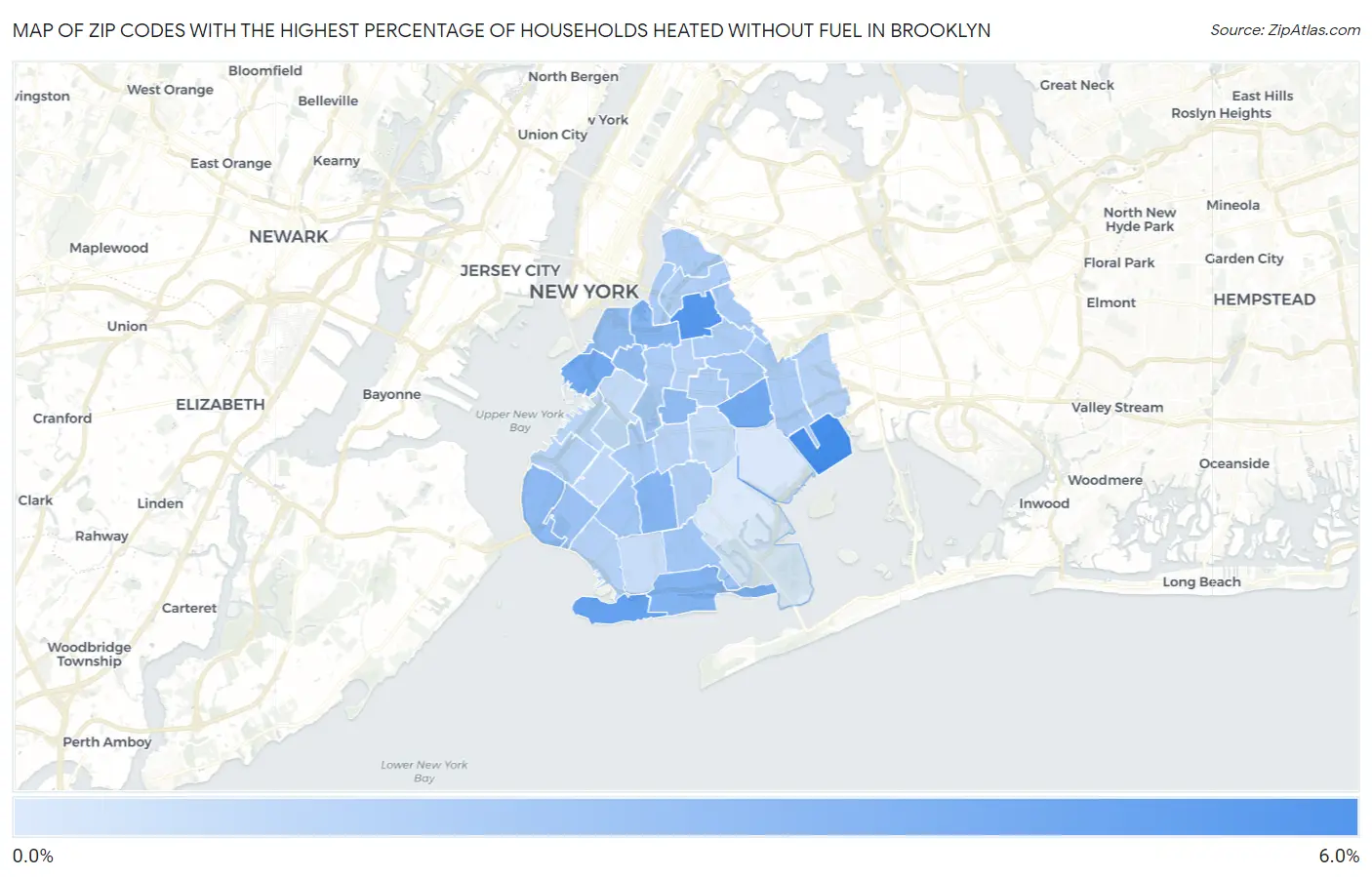 Zip Codes with the Highest Percentage of Households Heated without Fuel in Brooklyn Map