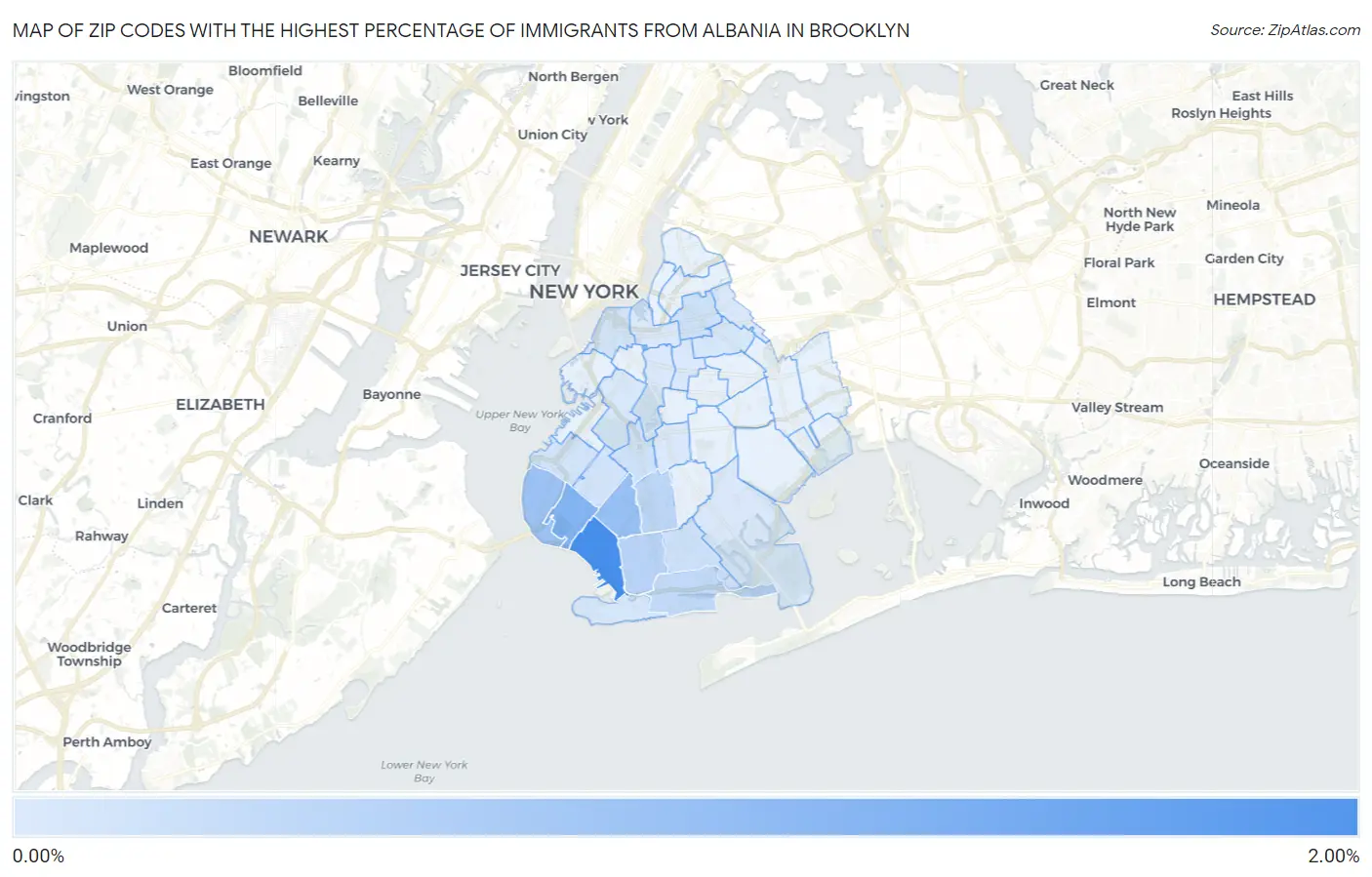 Zip Codes with the Highest Percentage of Immigrants from Albania in Brooklyn Map