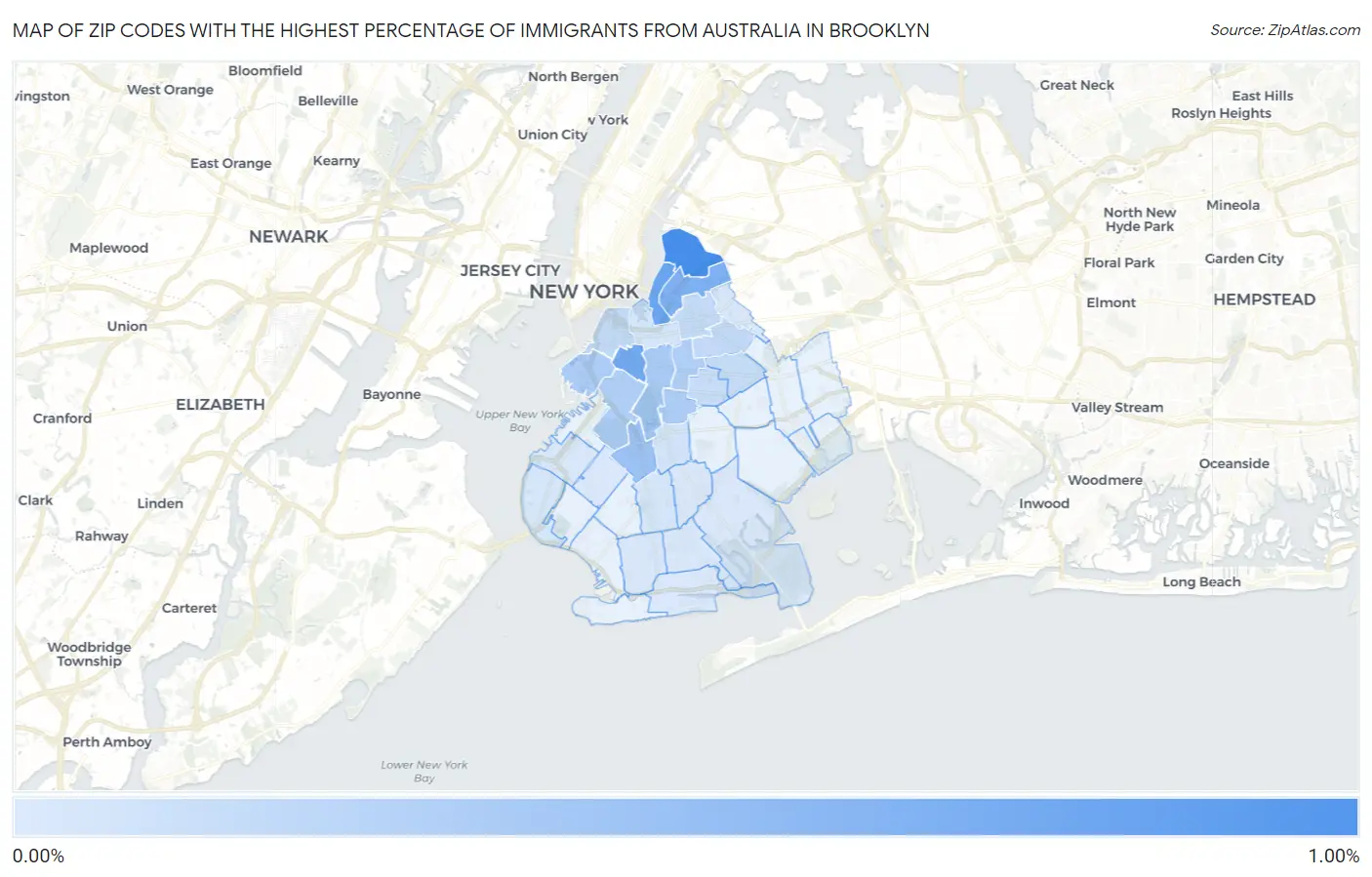 Zip Codes with the Highest Percentage of Immigrants from Australia in Brooklyn Map