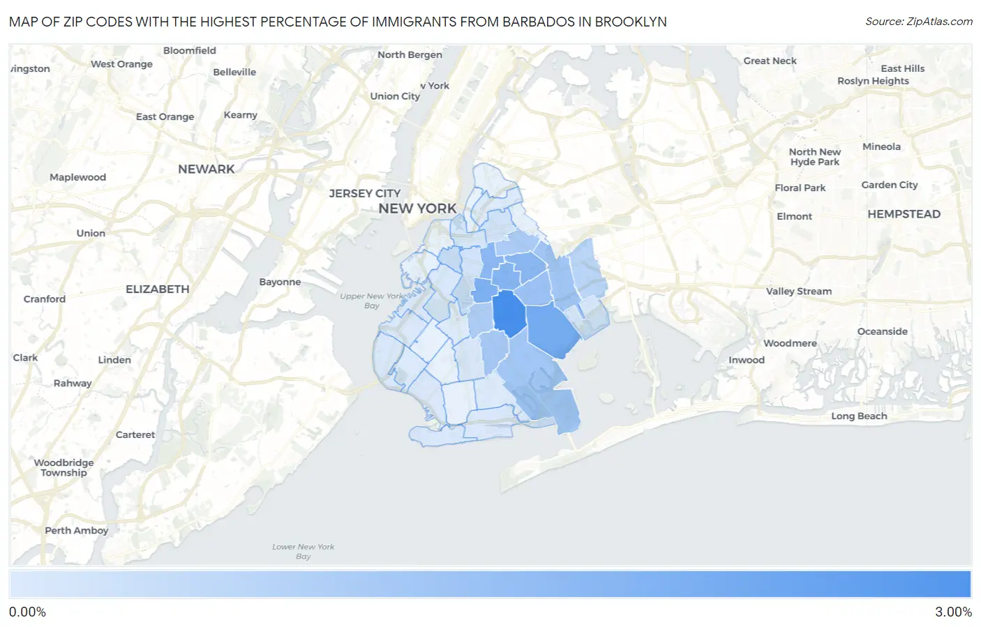 Zip Codes with the Highest Percentage of Immigrants from Barbados in Brooklyn Map