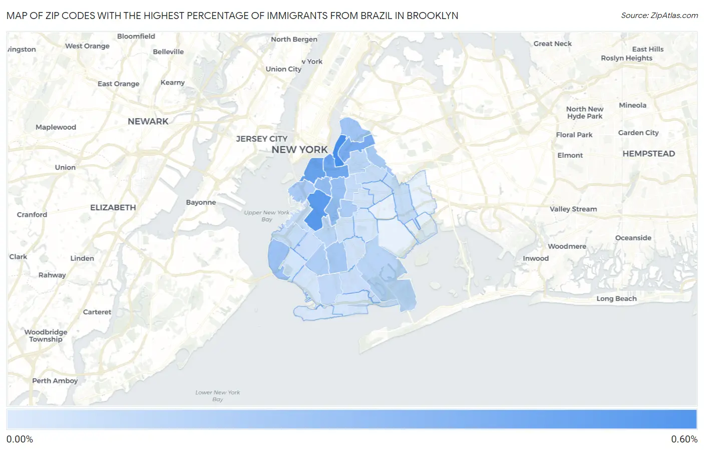 Zip Codes with the Highest Percentage of Immigrants from Brazil in Brooklyn Map