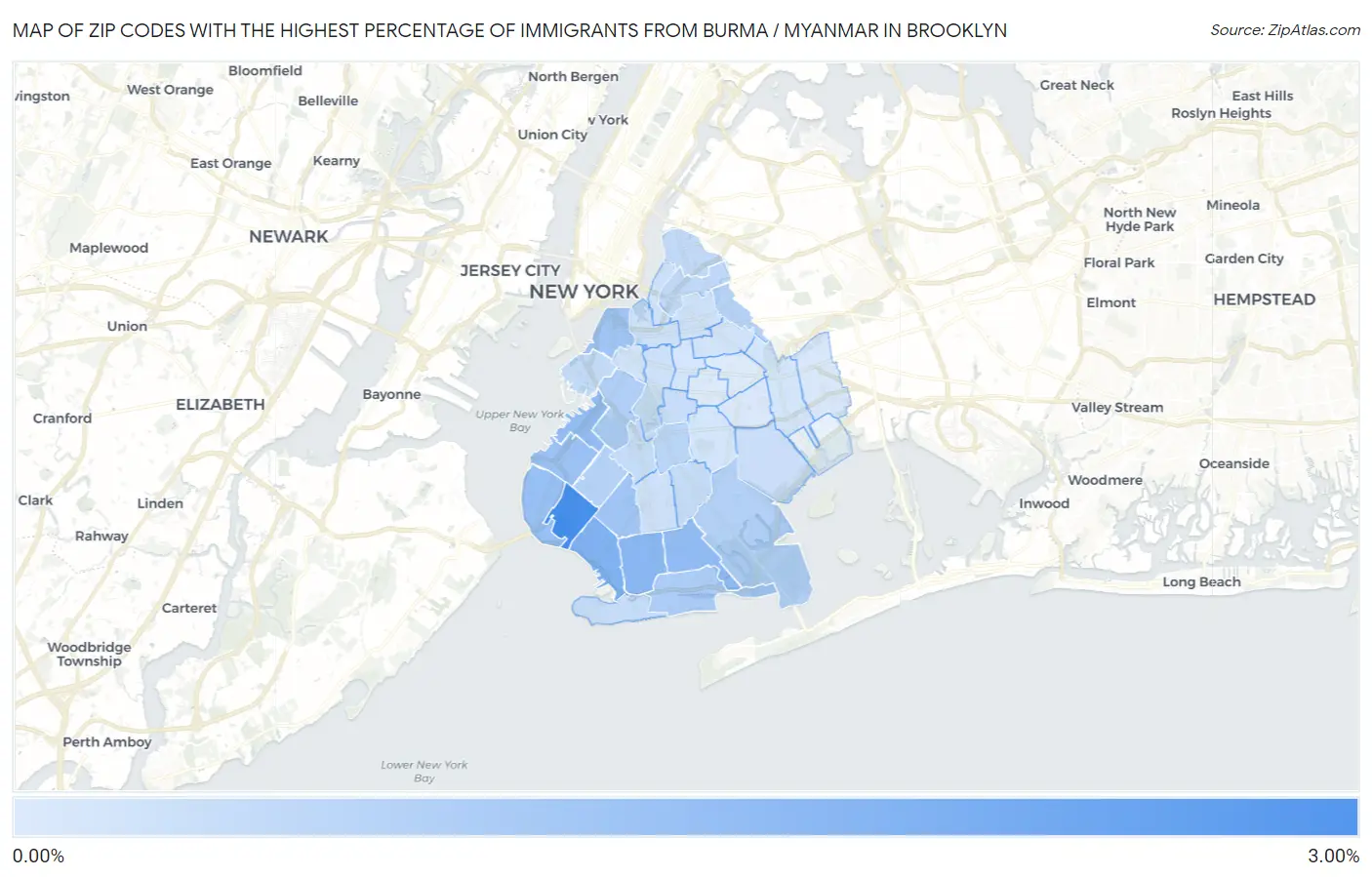 Zip Codes with the Highest Percentage of Immigrants from Burma / Myanmar in Brooklyn Map