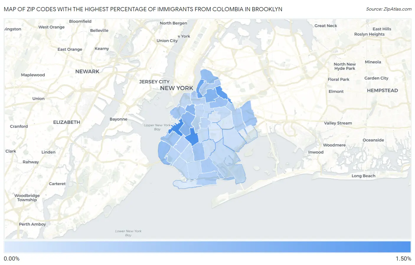 Zip Codes with the Highest Percentage of Immigrants from Colombia in Brooklyn Map