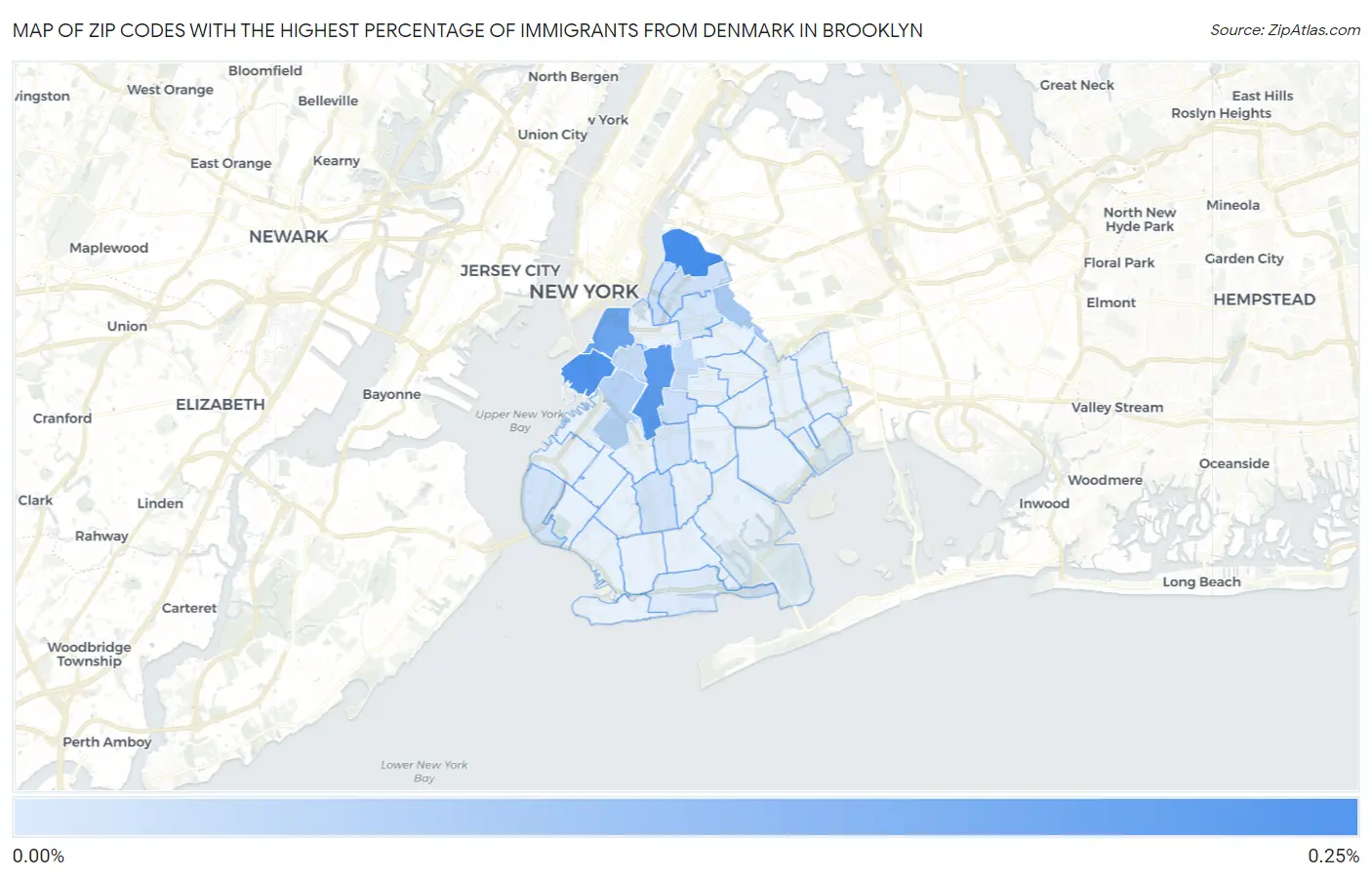 Zip Codes with the Highest Percentage of Immigrants from Denmark in Brooklyn Map