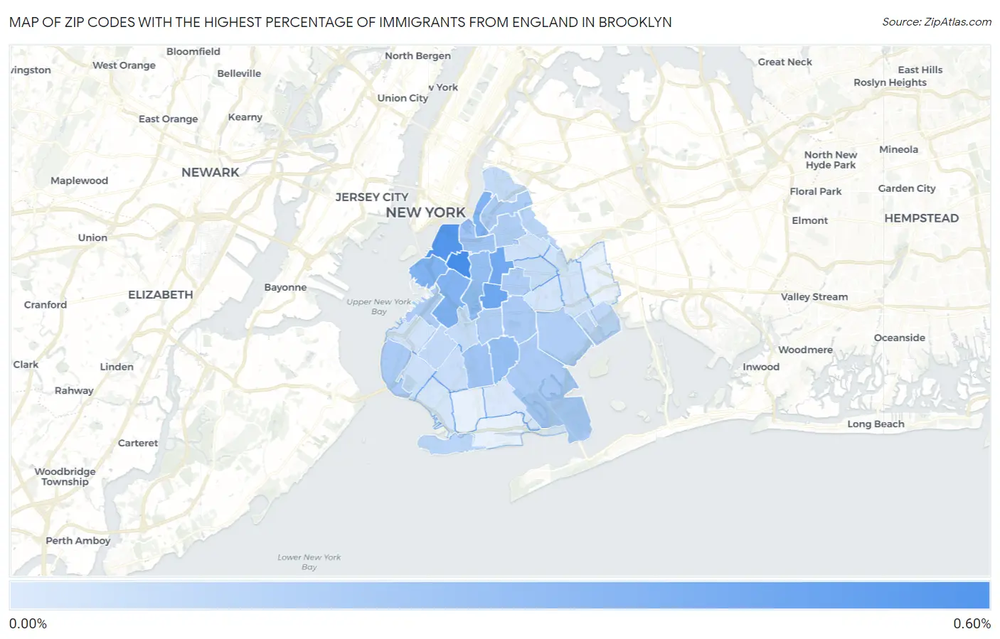 Zip Codes with the Highest Percentage of Immigrants from England in Brooklyn Map