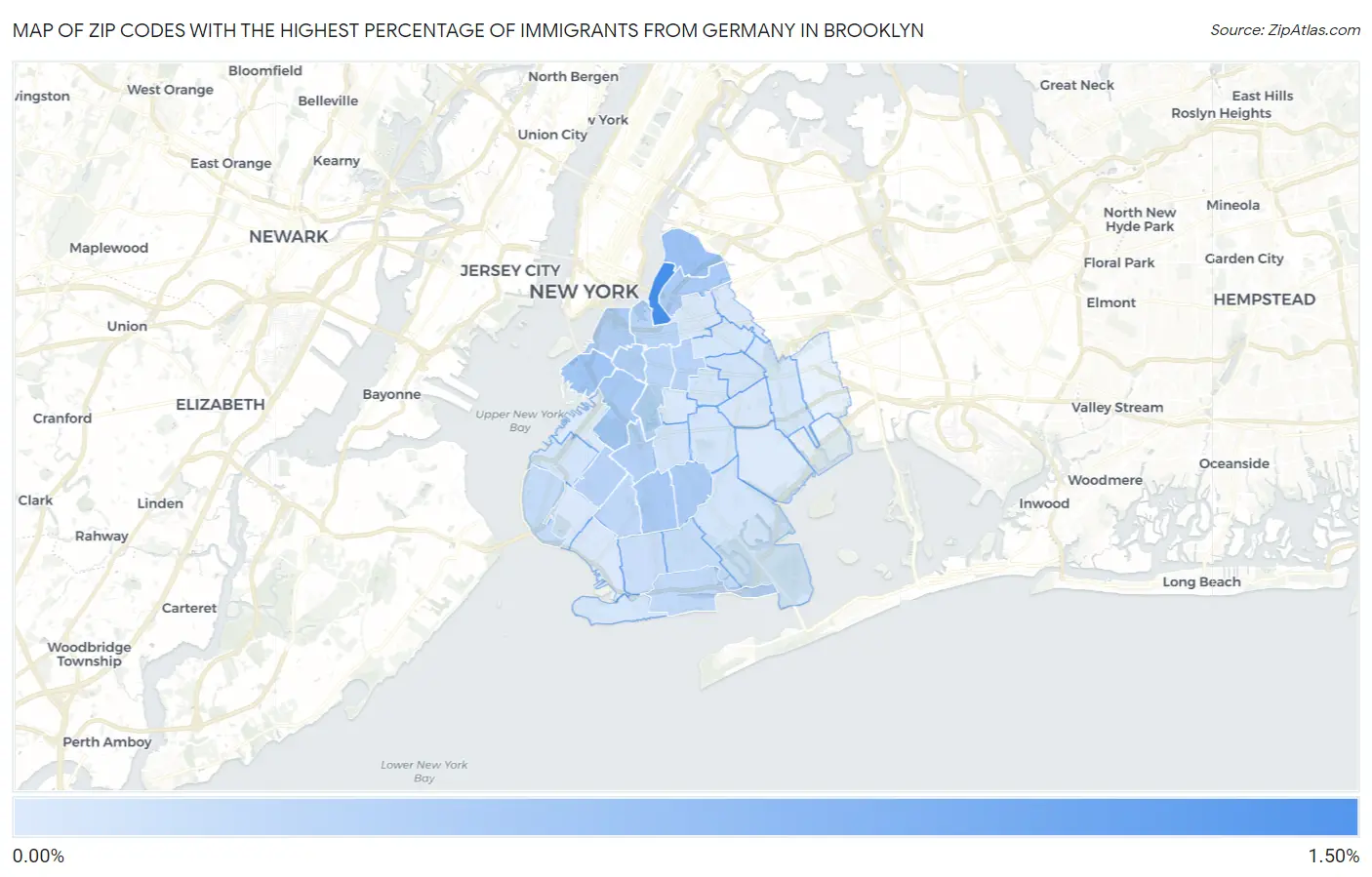 Zip Codes with the Highest Percentage of Immigrants from Germany in Brooklyn Map