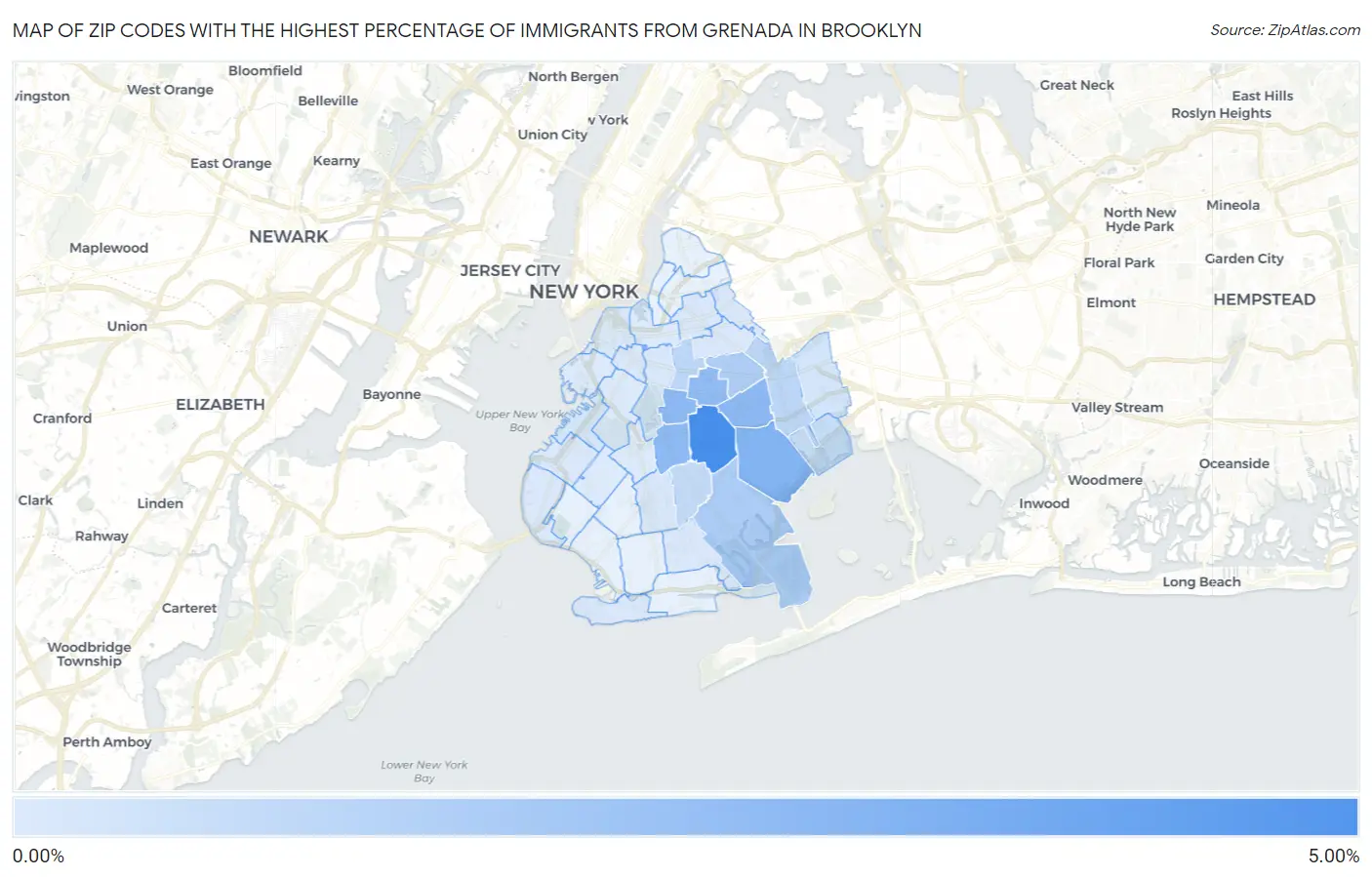 Zip Codes with the Highest Percentage of Immigrants from Grenada in Brooklyn Map