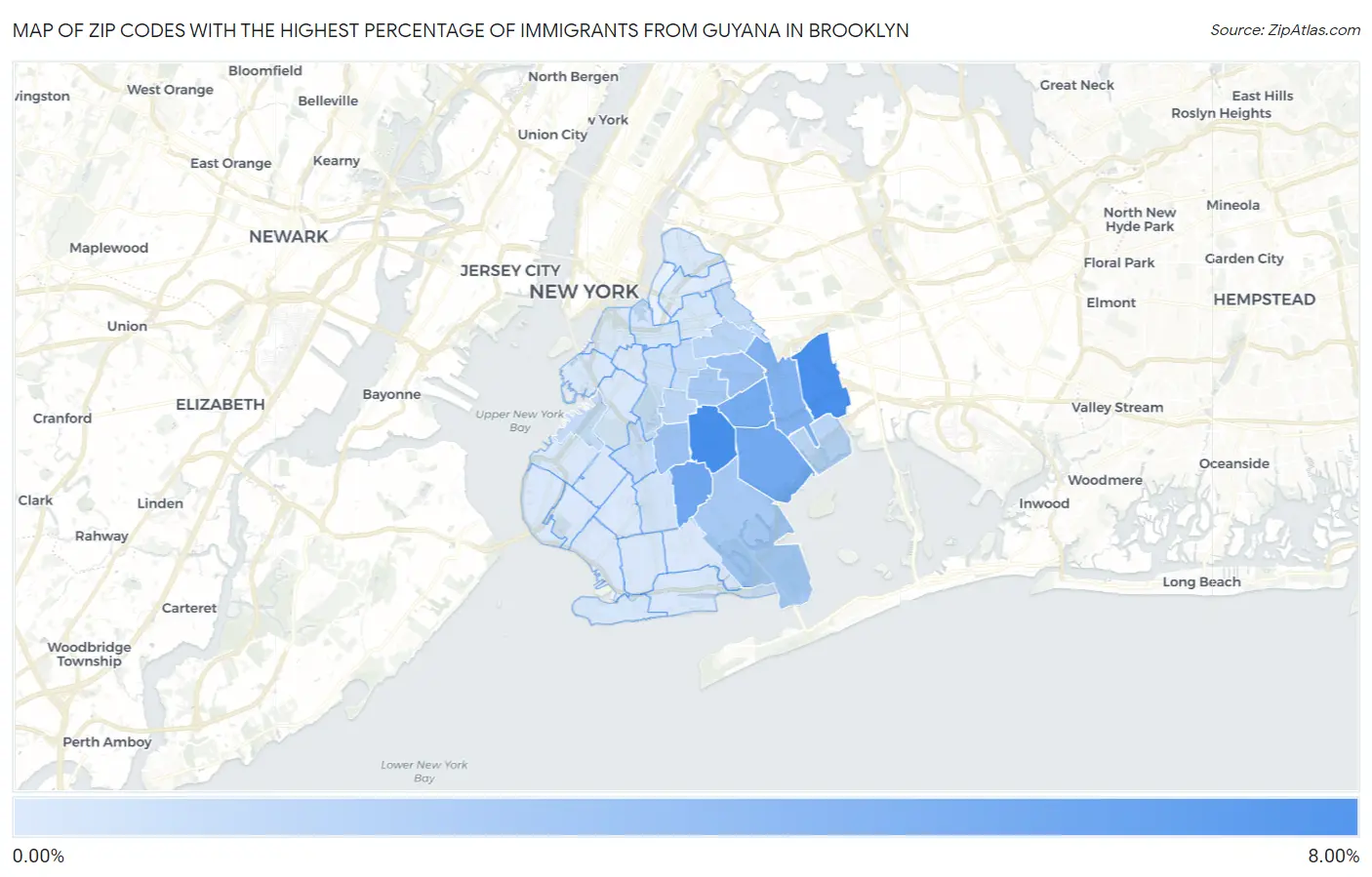 Zip Codes with the Highest Percentage of Immigrants from Guyana in Brooklyn Map