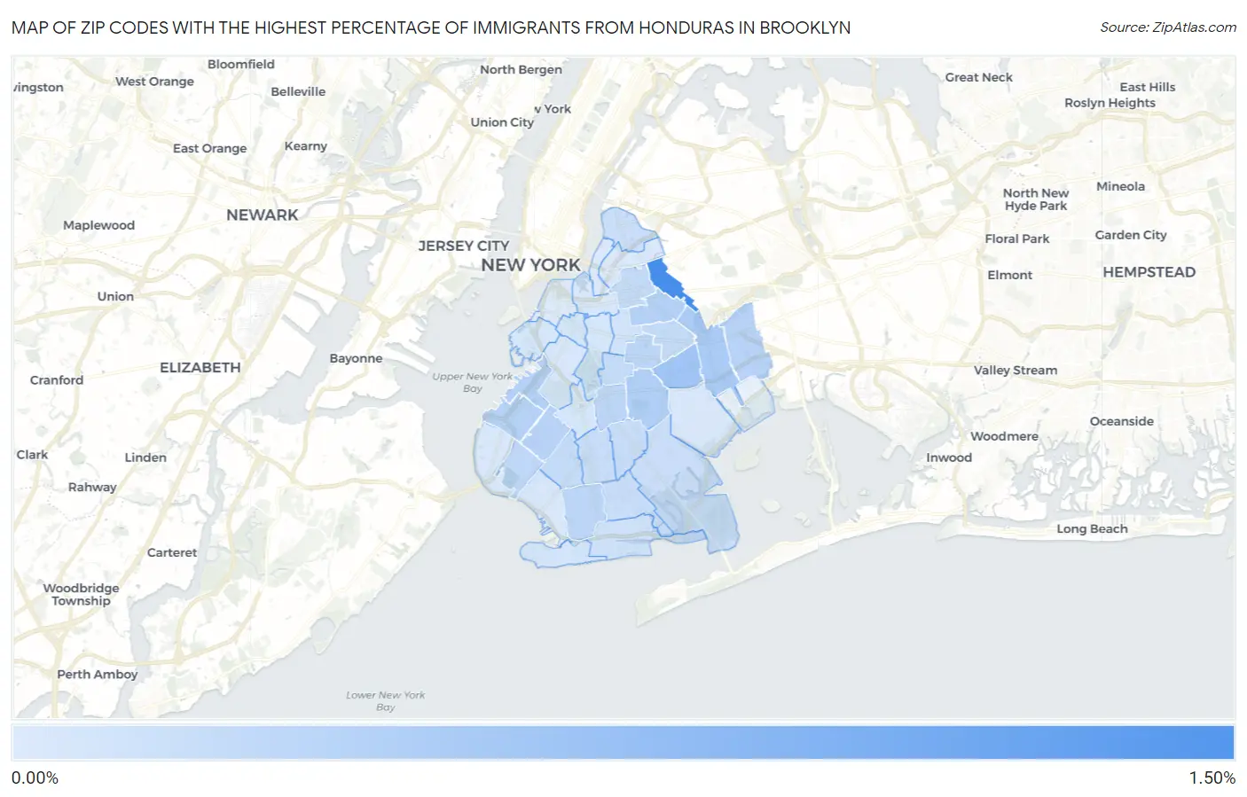 Zip Codes with the Highest Percentage of Immigrants from Honduras in Brooklyn Map