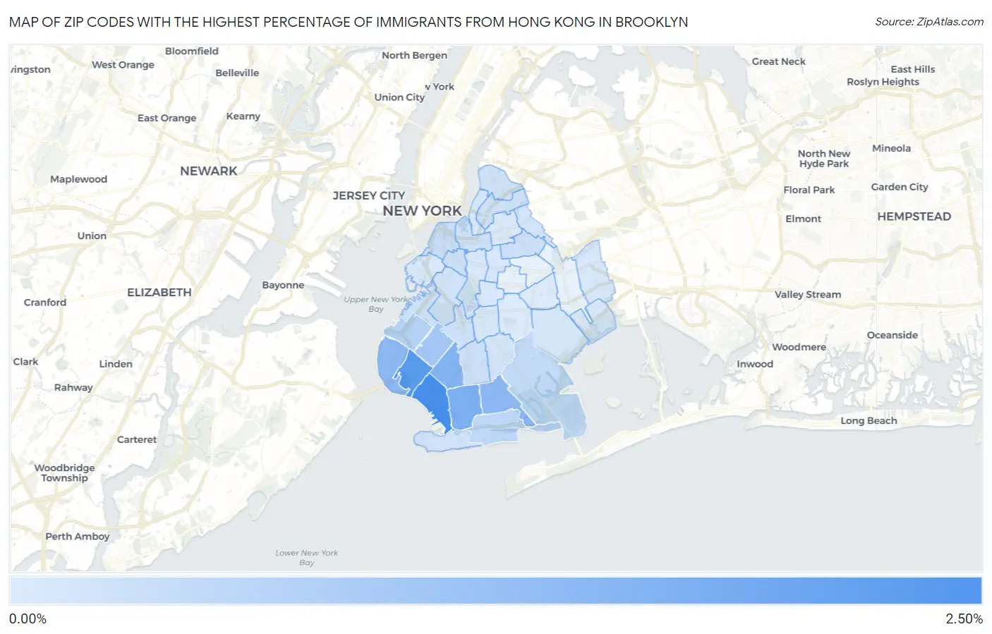 Zip Codes with the Highest Percentage of Immigrants from Hong Kong in Brooklyn Map