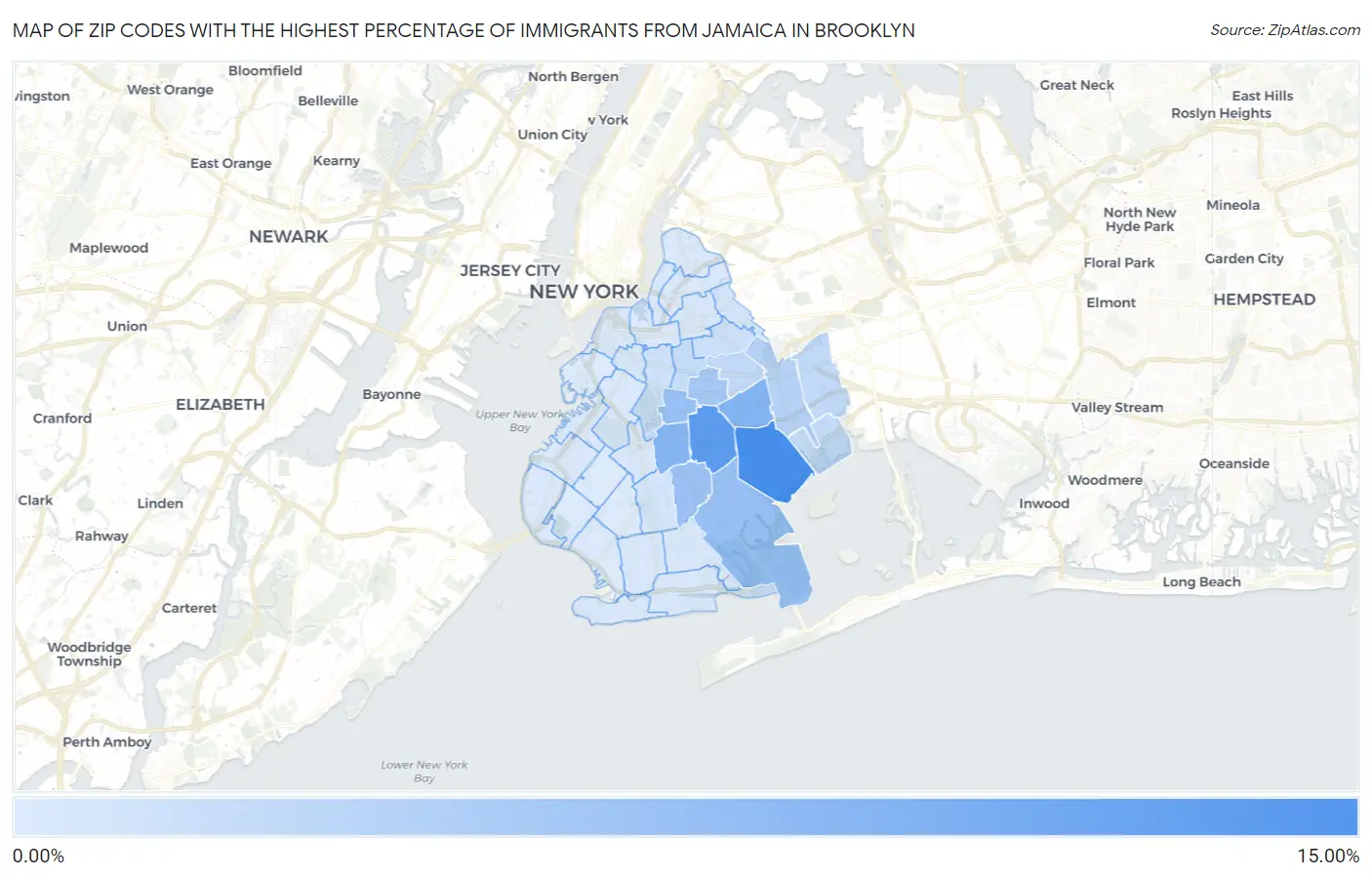 Zip Codes with the Highest Percentage of Immigrants from Jamaica in Brooklyn Map