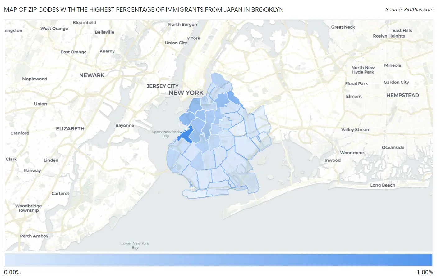 Zip Codes with the Highest Percentage of Immigrants from Japan in Brooklyn Map