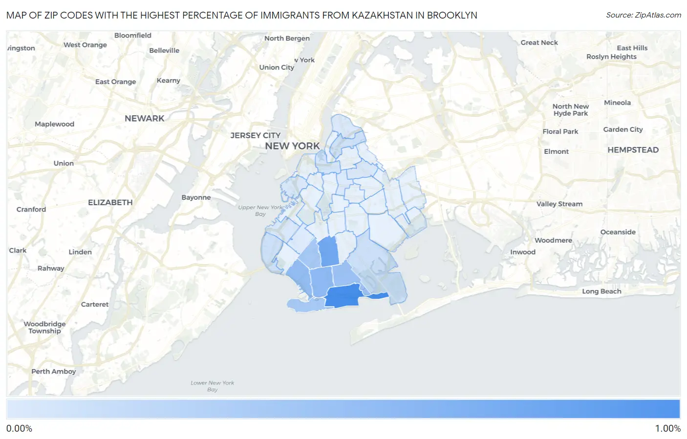 Zip Codes with the Highest Percentage of Immigrants from Kazakhstan in Brooklyn Map