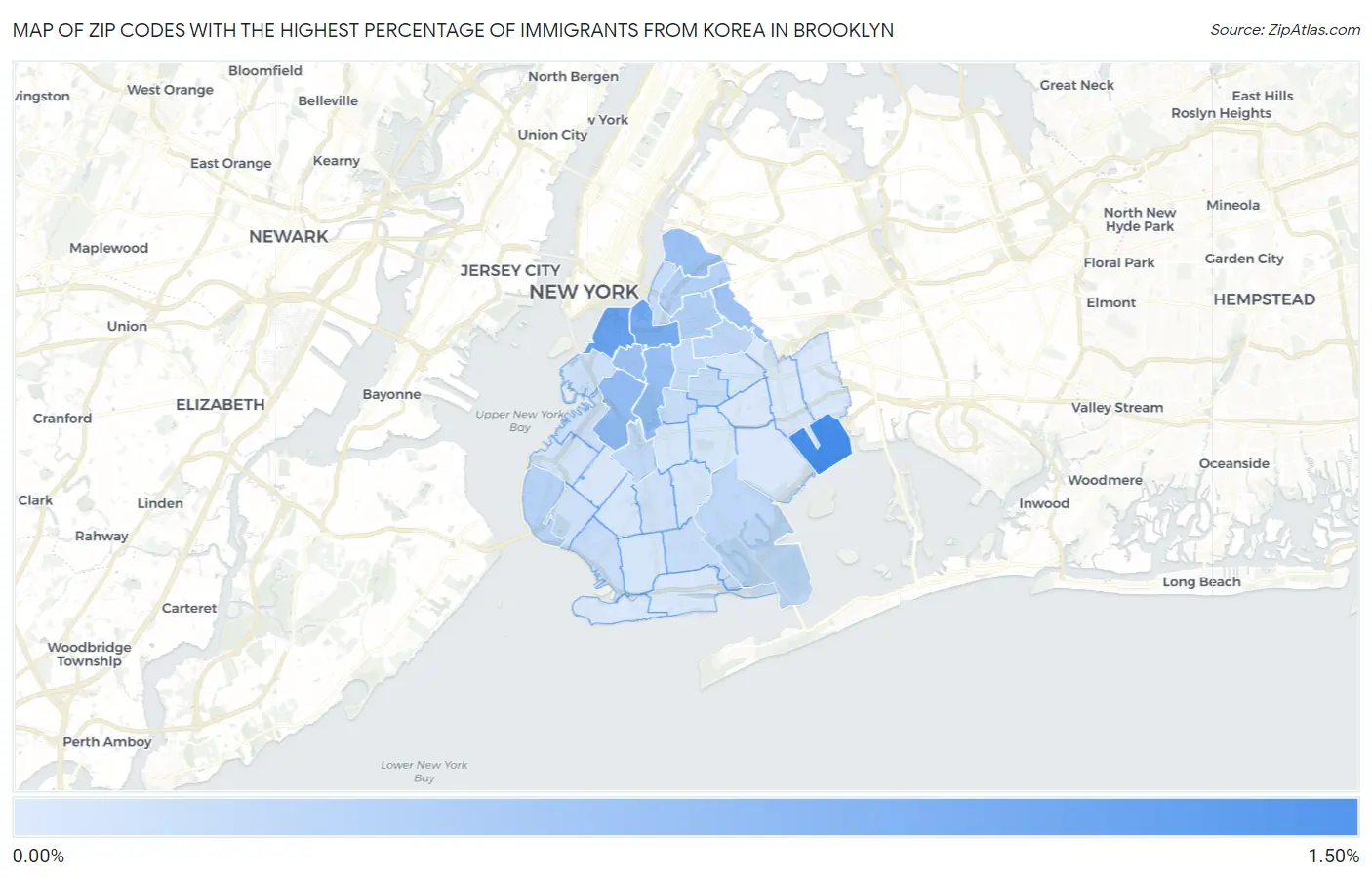 Zip Codes with the Highest Percentage of Immigrants from Korea in Brooklyn Map