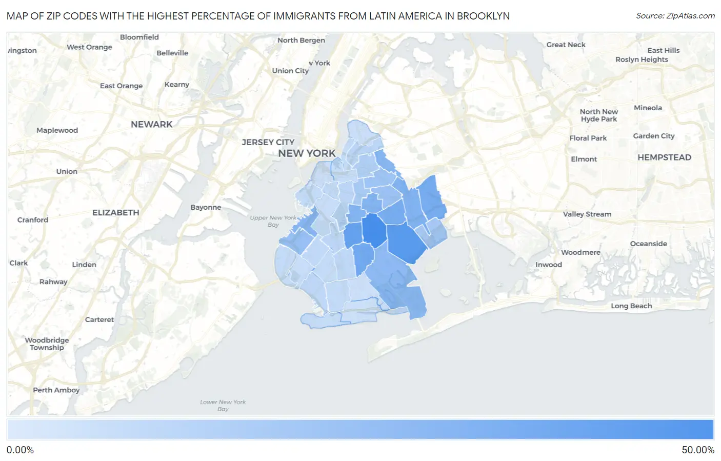 Zip Codes with the Highest Percentage of Immigrants from Latin America in Brooklyn Map