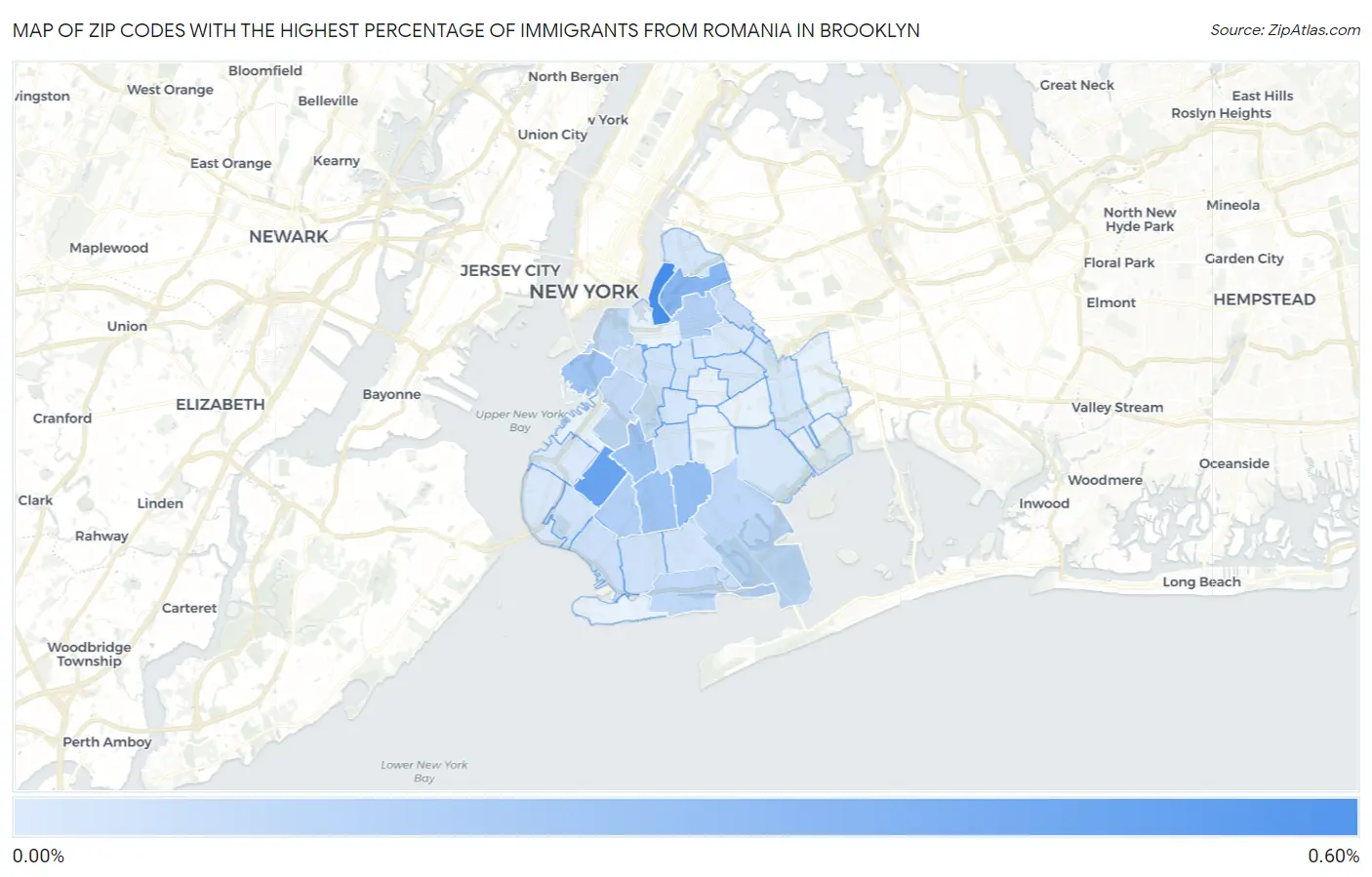 Zip Codes with the Highest Percentage of Immigrants from Romania in Brooklyn Map