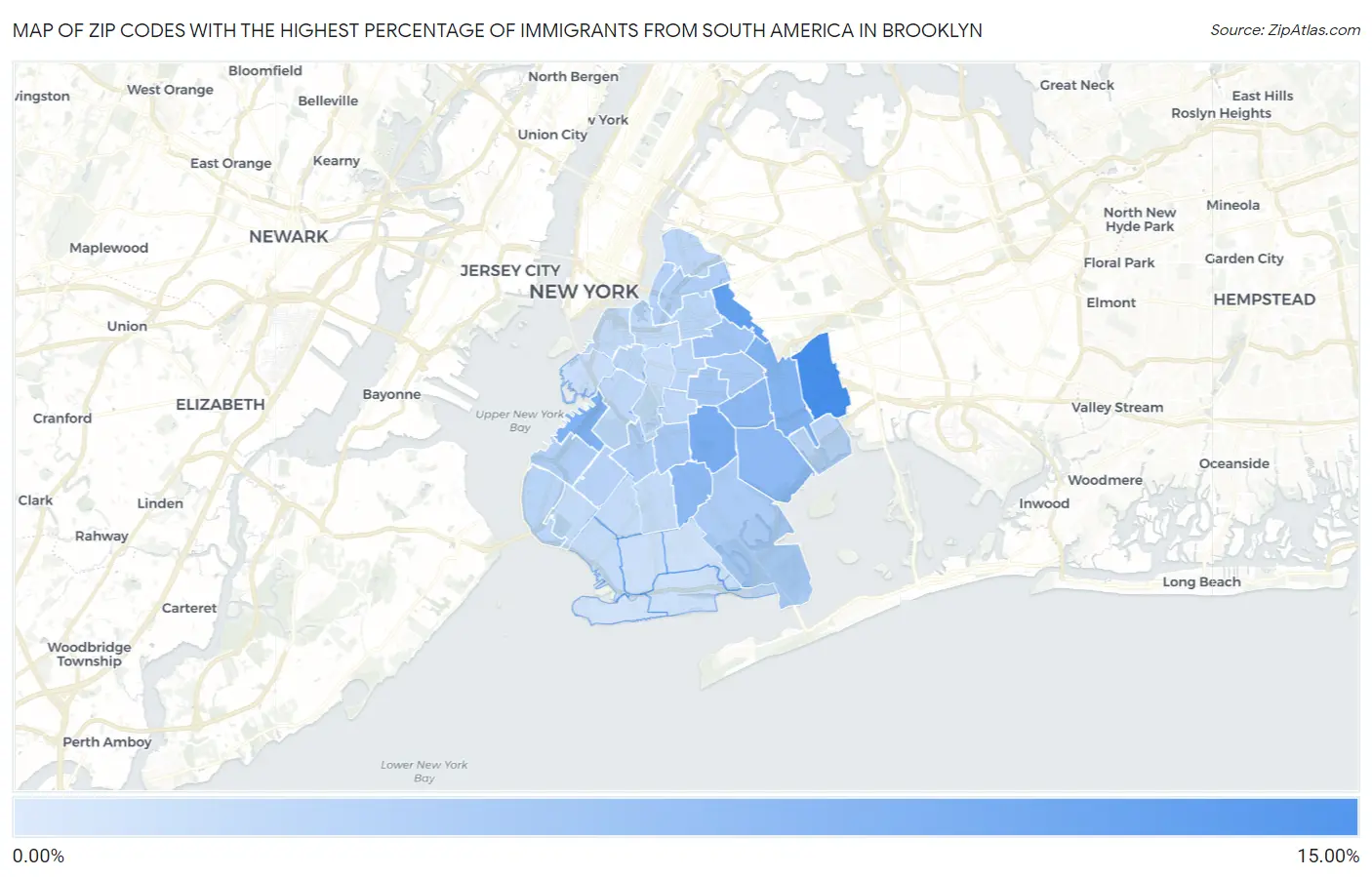 Zip Codes with the Highest Percentage of Immigrants from South America in Brooklyn Map