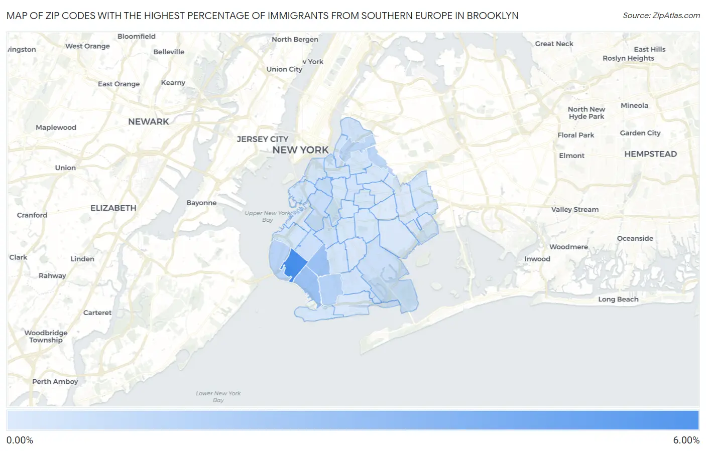 Zip Codes with the Highest Percentage of Immigrants from Southern Europe in Brooklyn Map