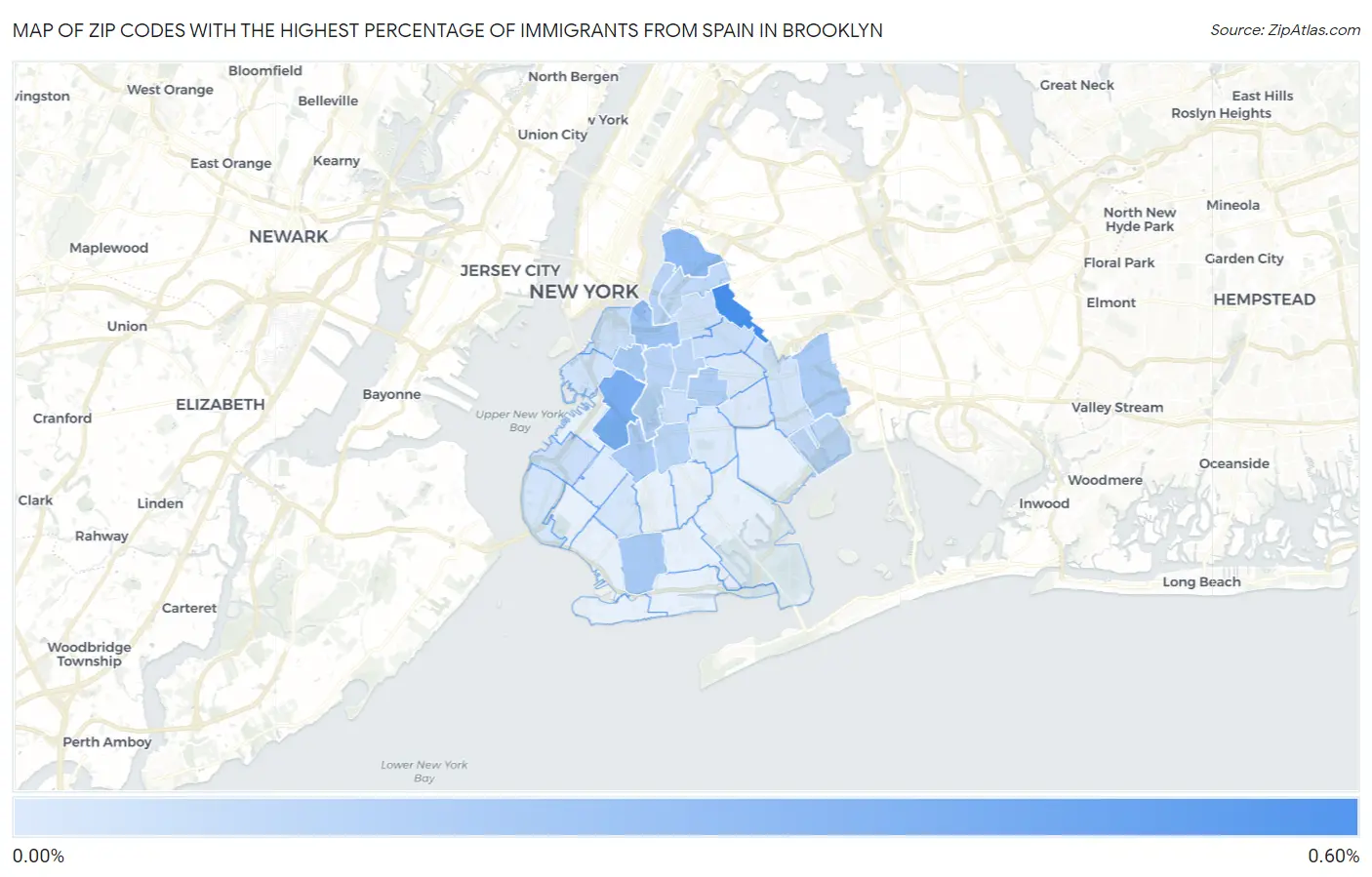 Zip Codes with the Highest Percentage of Immigrants from Spain in Brooklyn Map