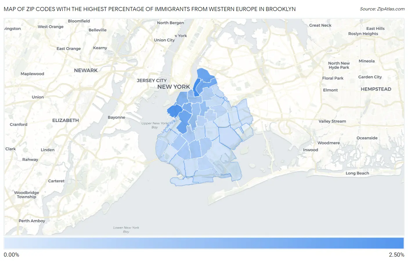 Zip Codes with the Highest Percentage of Immigrants from Western Europe in Brooklyn Map
