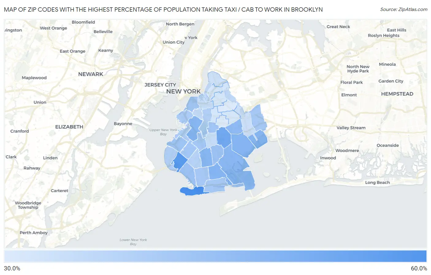 Zip Codes with the Highest Percentage of Population Taking Taxi / Cab to Work in Brooklyn Map
