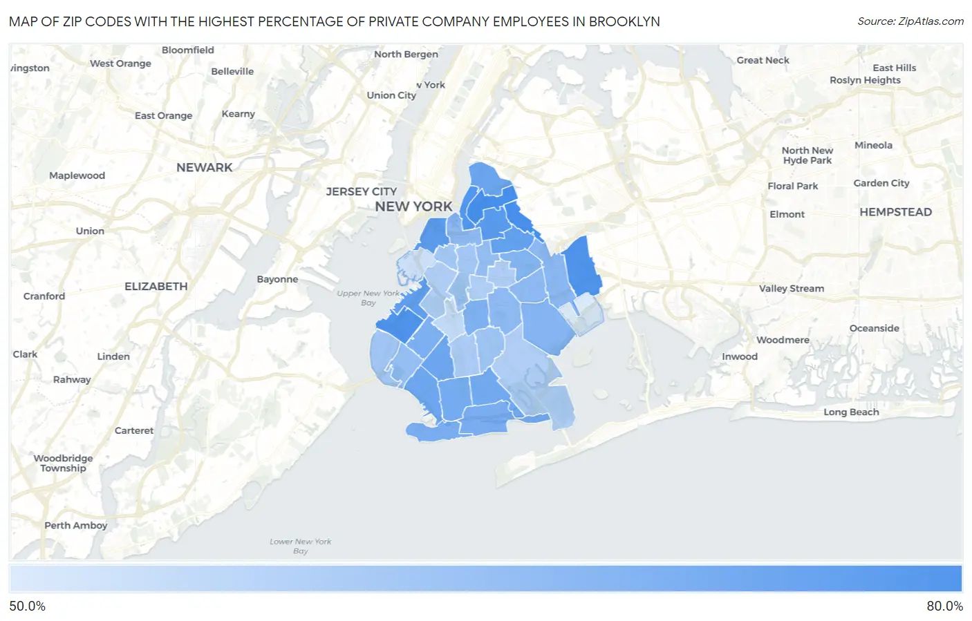 Zip Codes with the Highest Percentage of Private Company Employees in Brooklyn Map