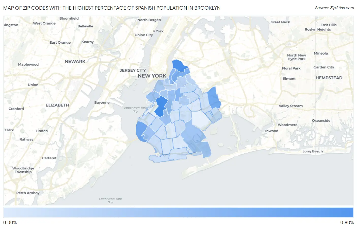 Zip Codes with the Highest Percentage of Spanish Population in Brooklyn Map