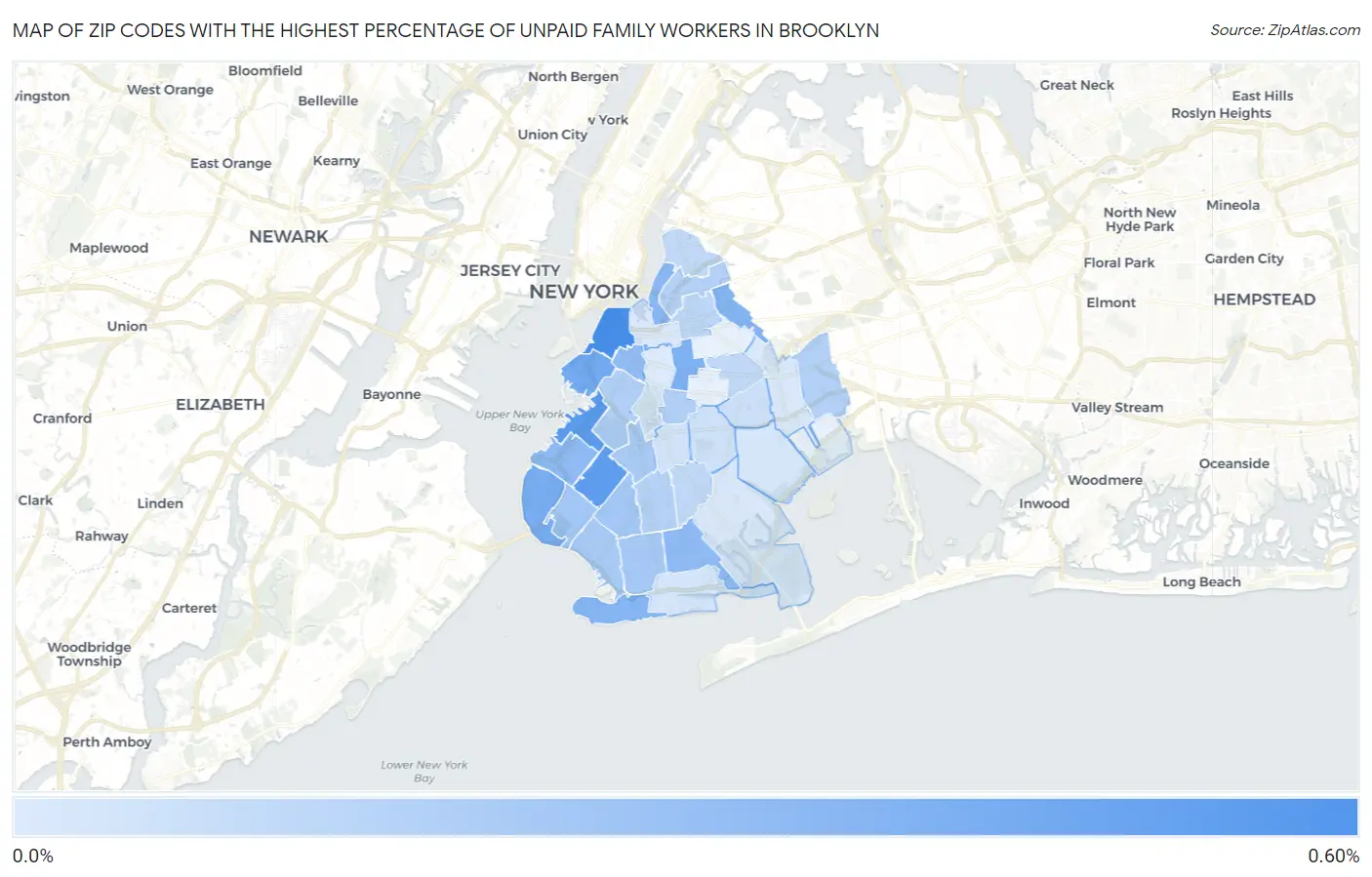 Zip Codes with the Highest Percentage of Unpaid Family Workers in Brooklyn Map