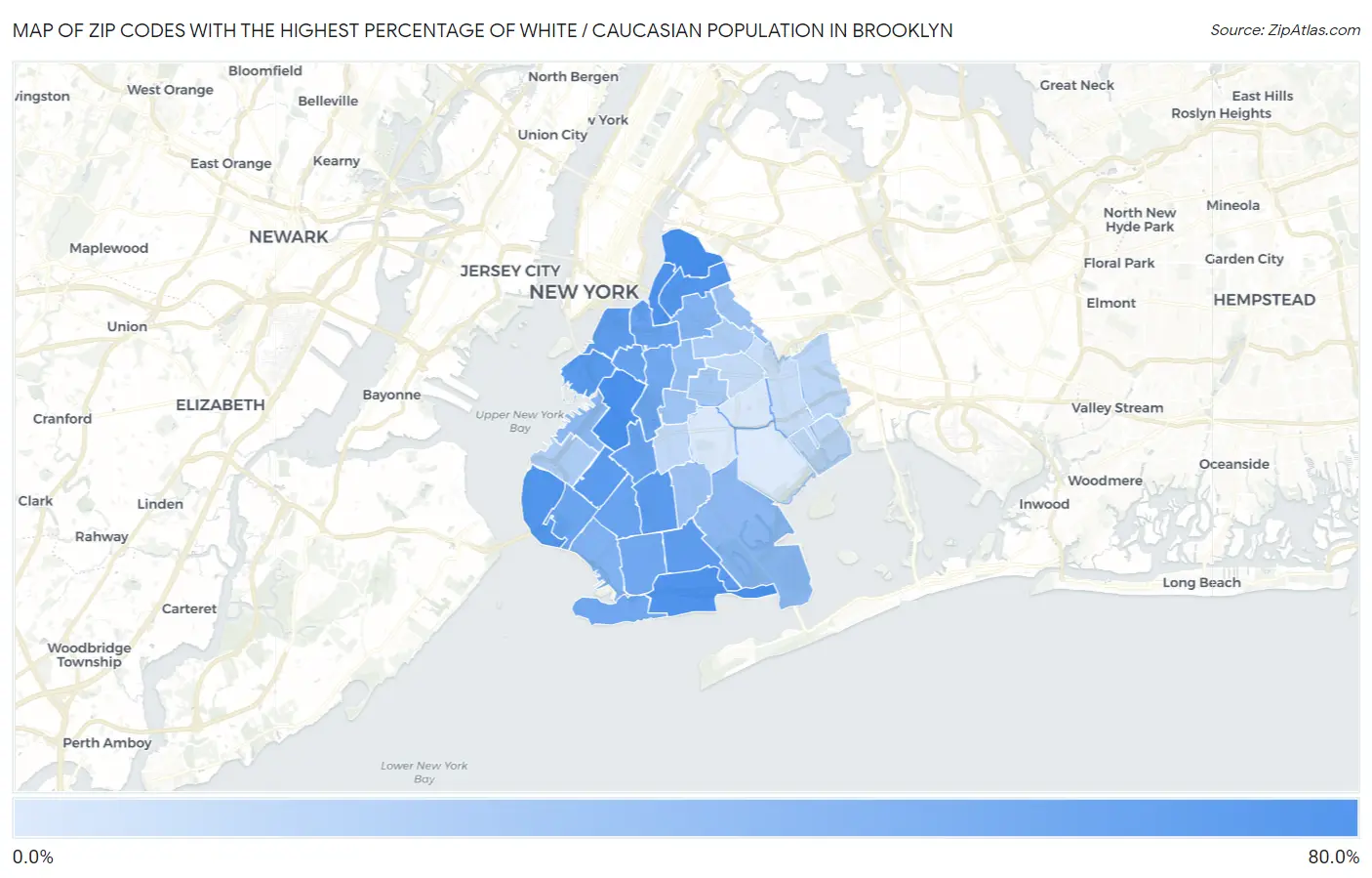 Zip Codes with the Highest Percentage of White / Caucasian Population in Brooklyn Map