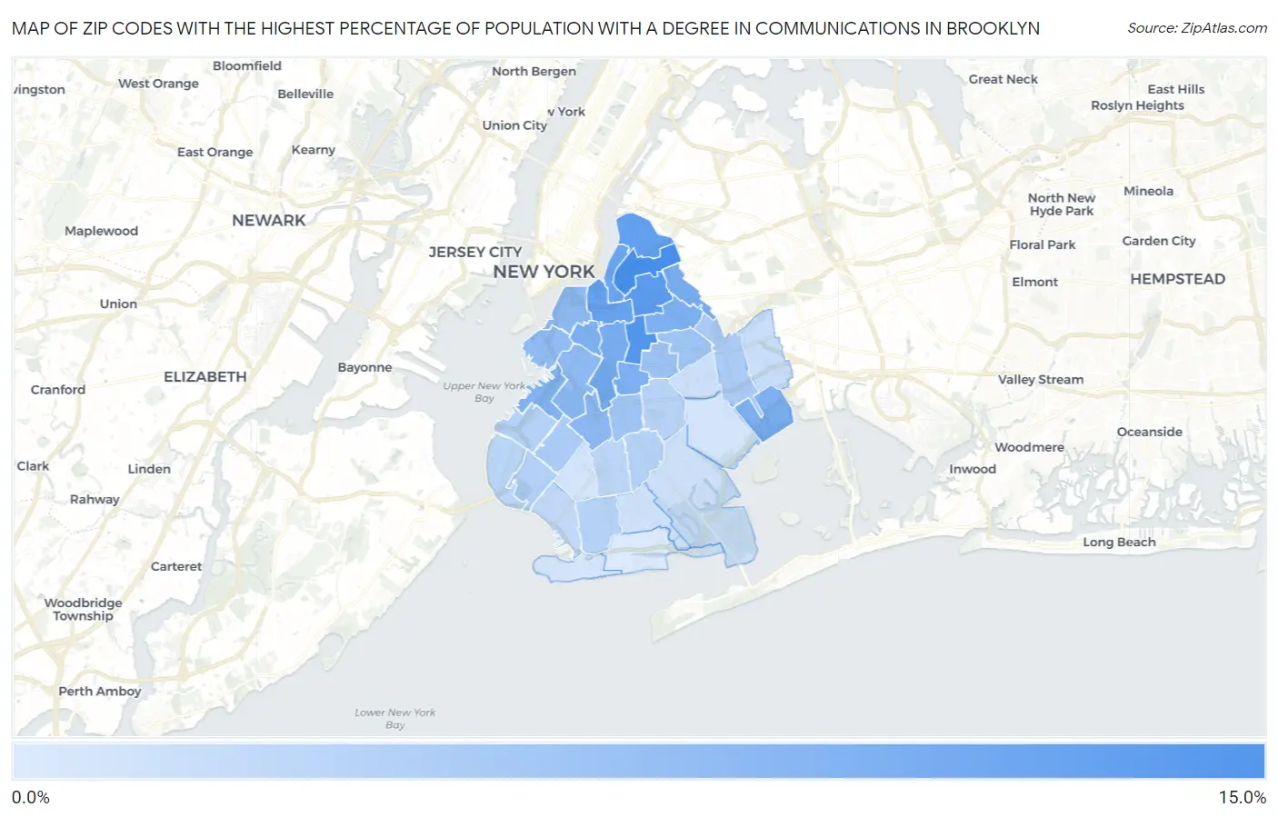 Zip Codes with the Highest Percentage of Population with a Degree in Communications in Brooklyn Map