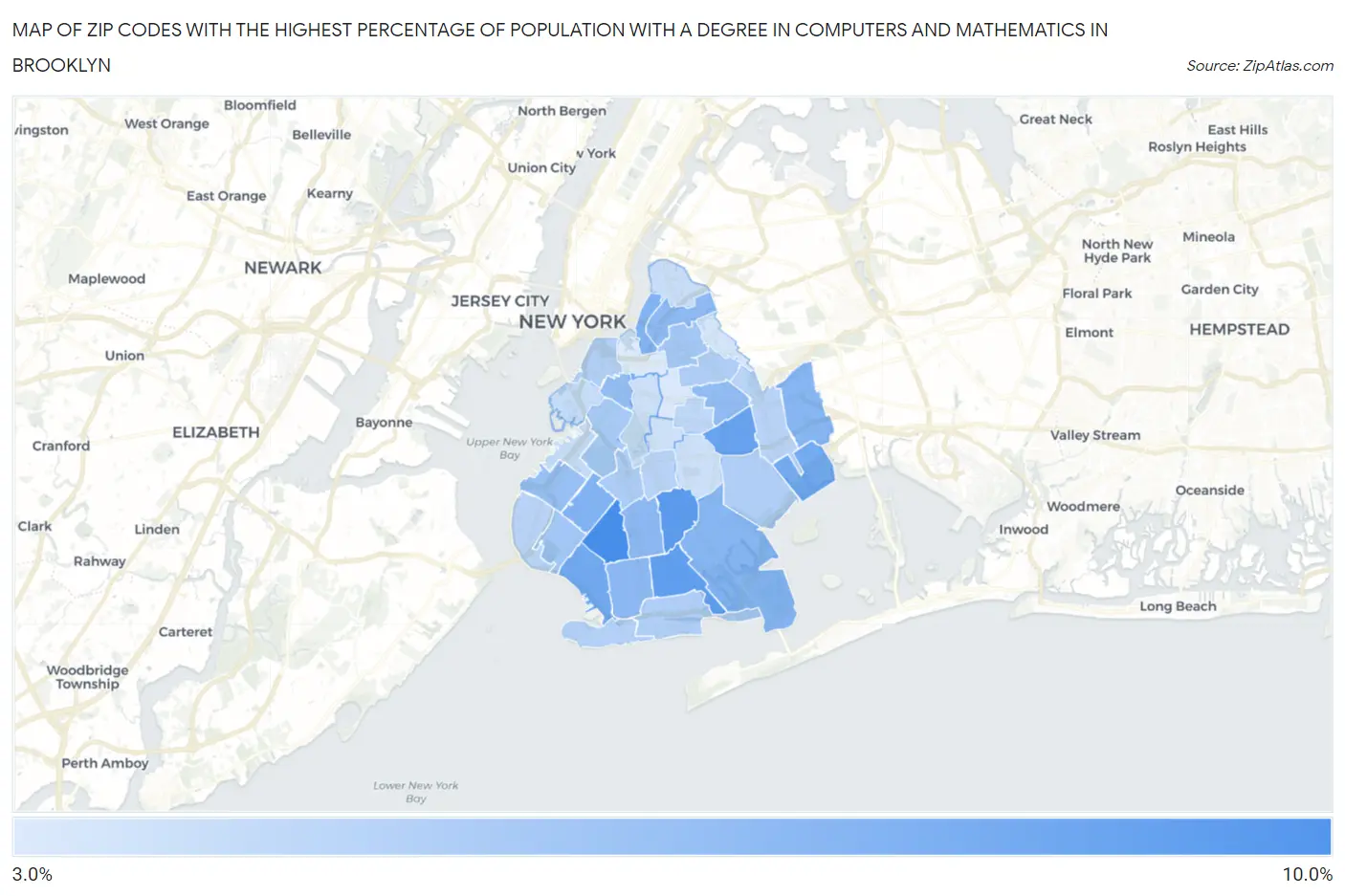 Zip Codes with the Highest Percentage of Population with a Degree in Computers and Mathematics in Brooklyn Map