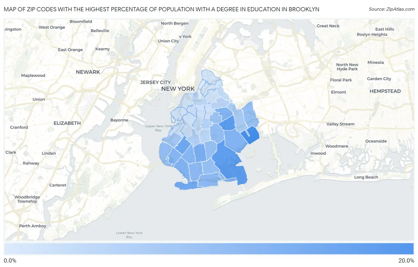 Zip Codes with the Highest Percentage of Population with a Degree in Education in Brooklyn Map