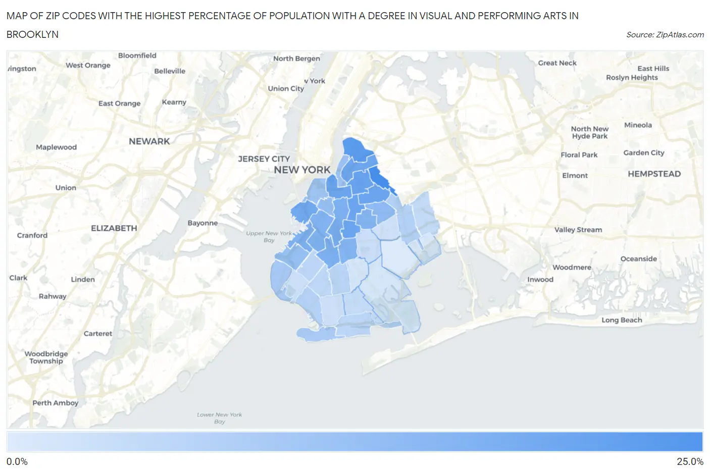 Zip Codes with the Highest Percentage of Population with a Degree in Visual and Performing Arts in Brooklyn Map