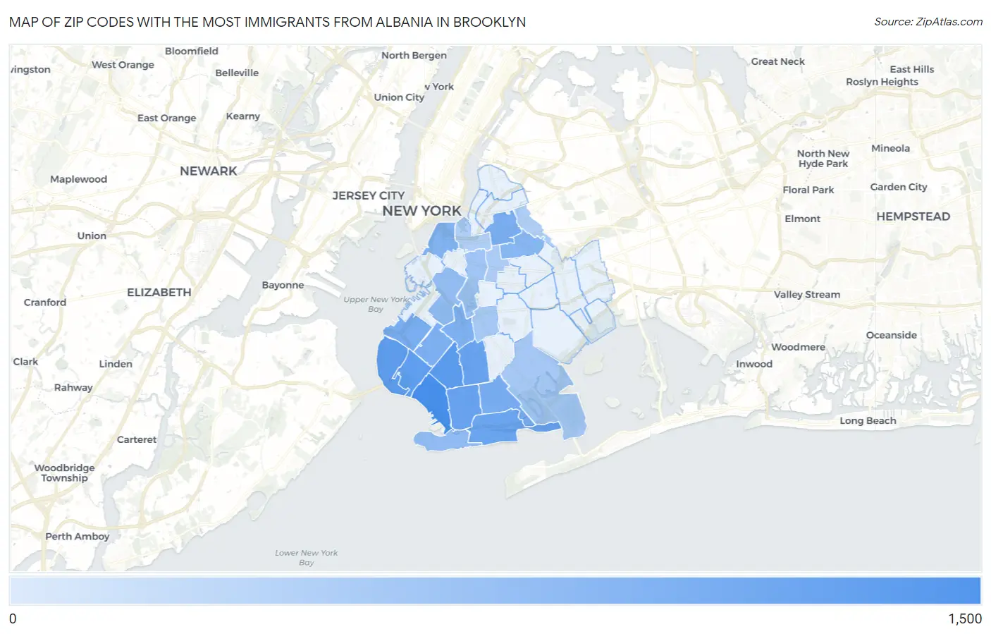 Zip Codes with the Most Immigrants from Albania in Brooklyn Map