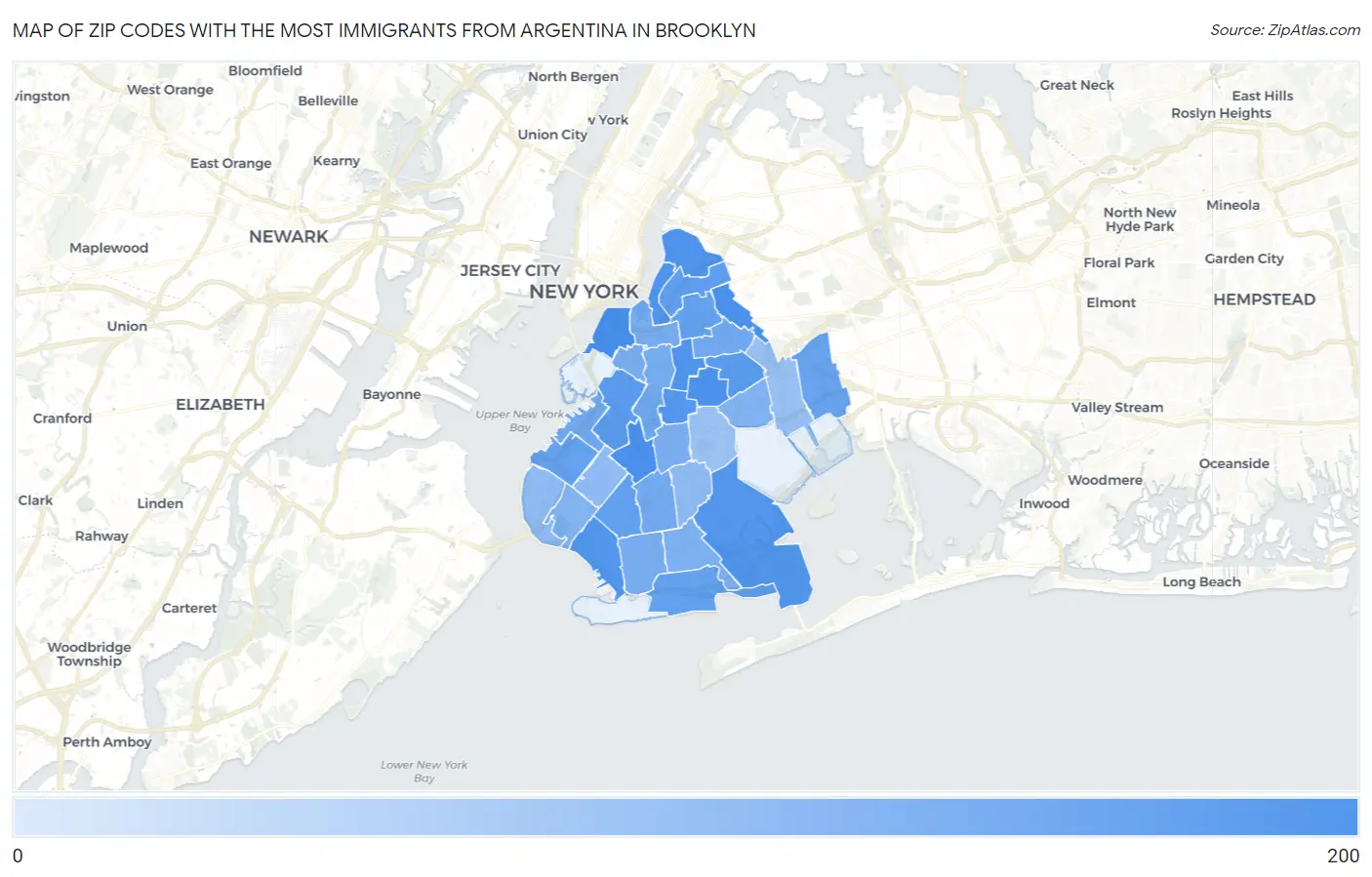 Zip Codes with the Most Immigrants from Argentina in Brooklyn Map