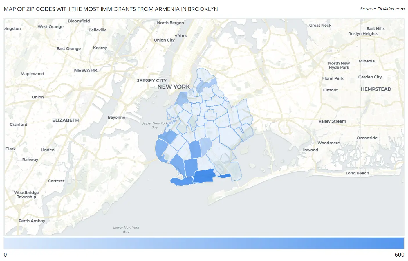 Zip Codes with the Most Immigrants from Armenia in Brooklyn Map