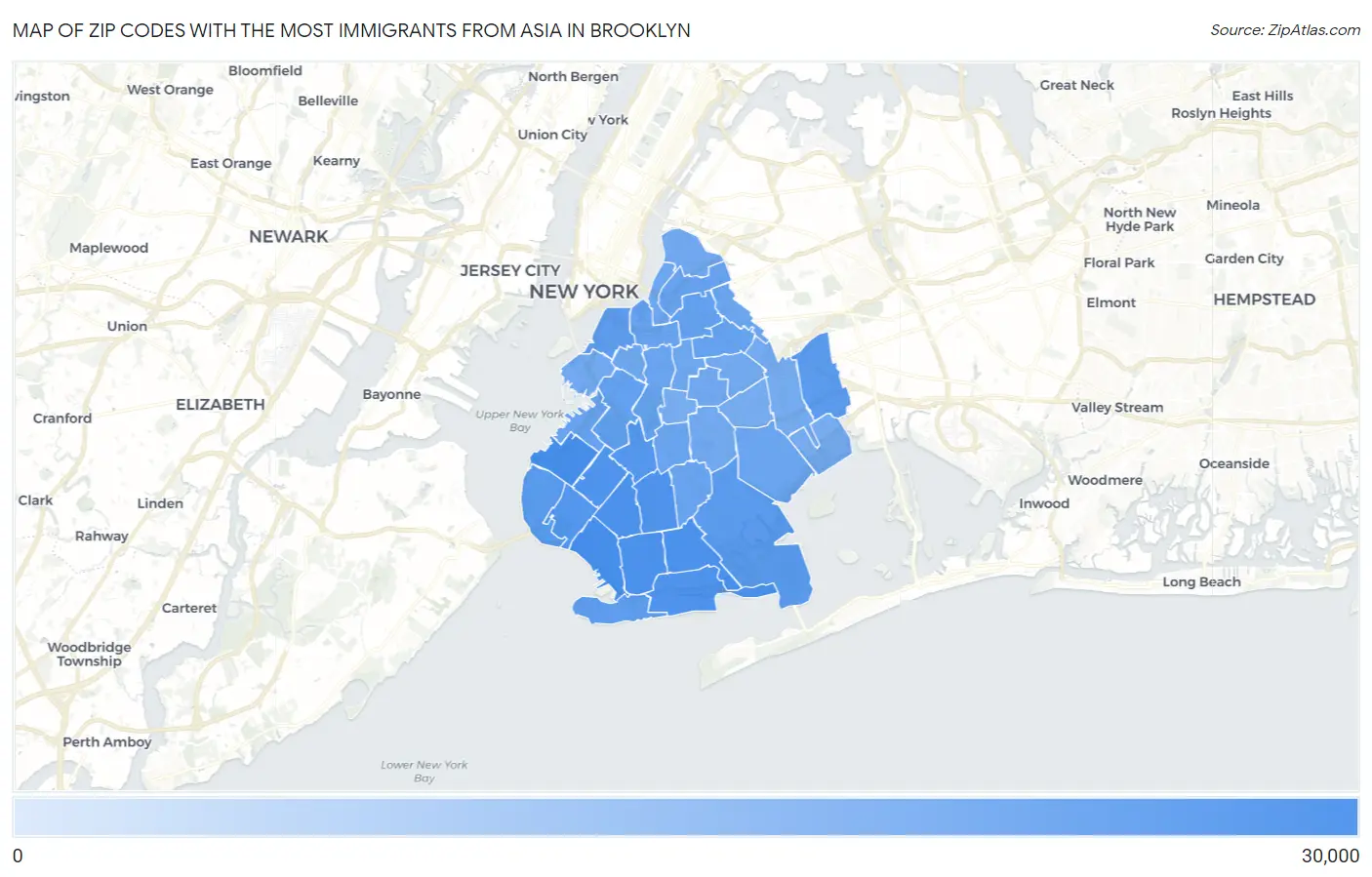 Zip Codes with the Most Immigrants from Asia in Brooklyn Map
