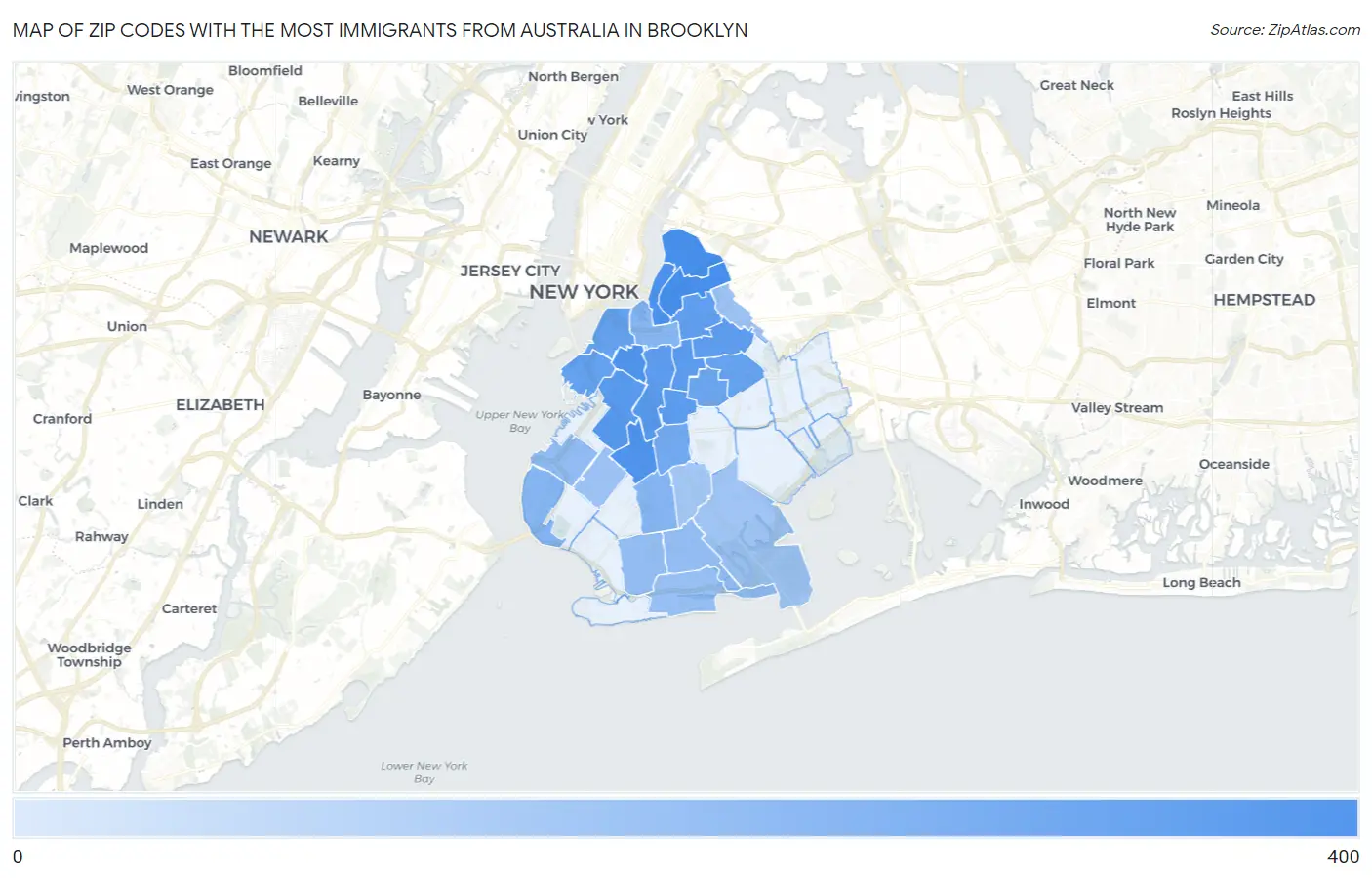 Zip Codes with the Most Immigrants from Australia in Brooklyn Map
