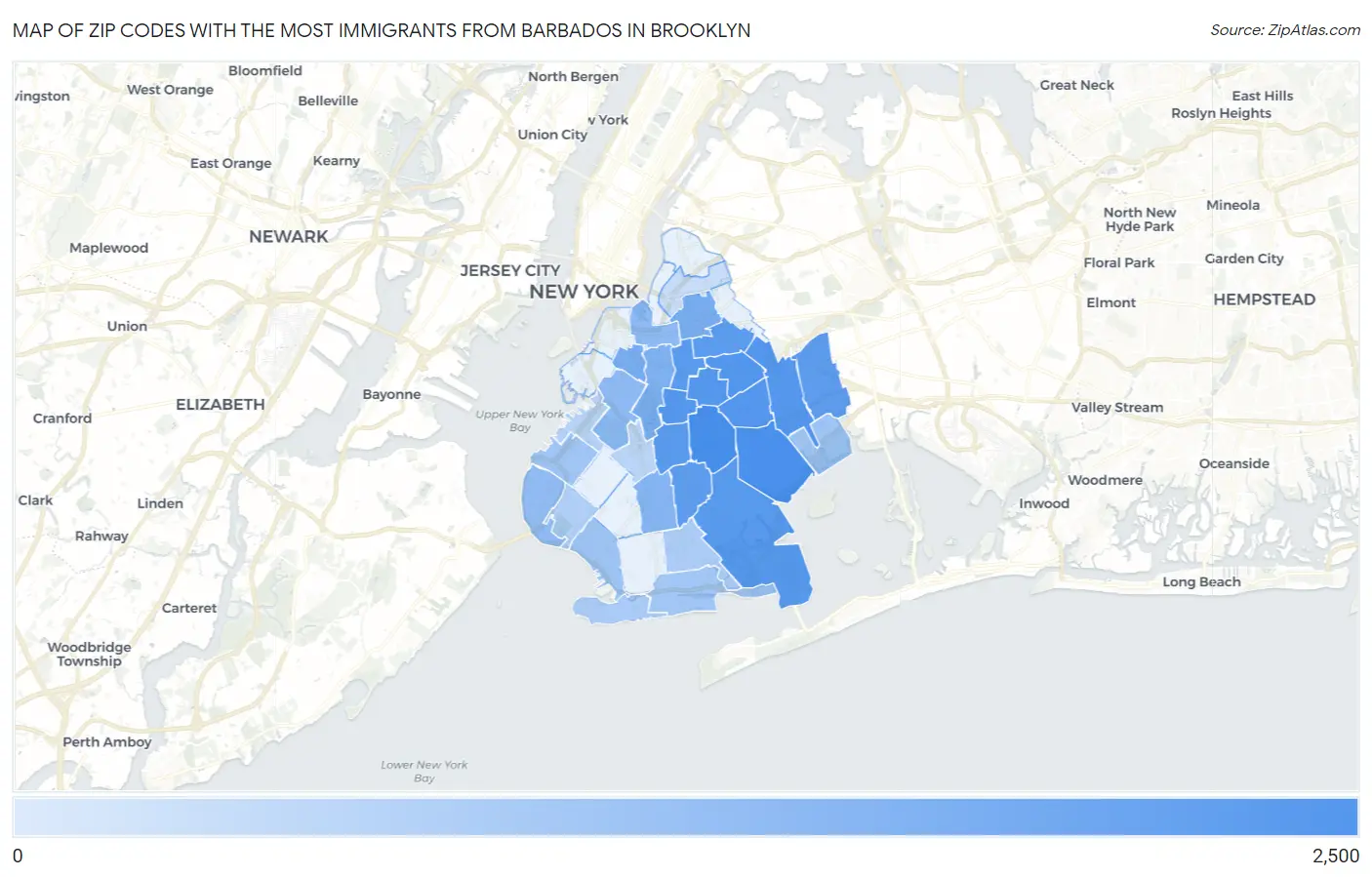Zip Codes with the Most Immigrants from Barbados in Brooklyn Map