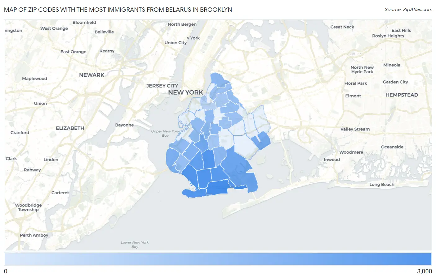 Zip Codes with the Most Immigrants from Belarus in Brooklyn Map