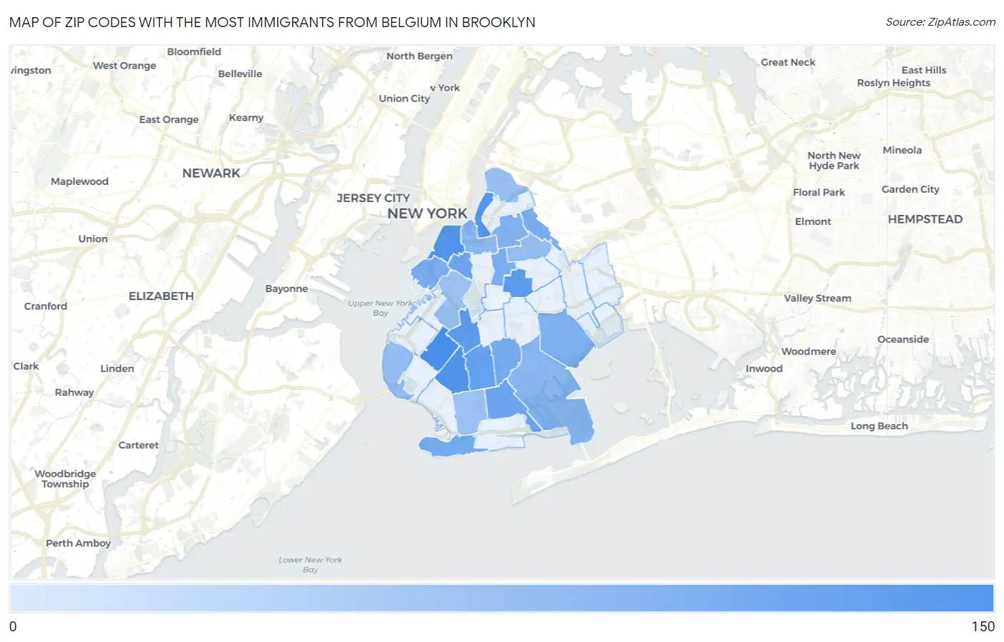 Zip Codes with the Most Immigrants from Belgium in Brooklyn Map