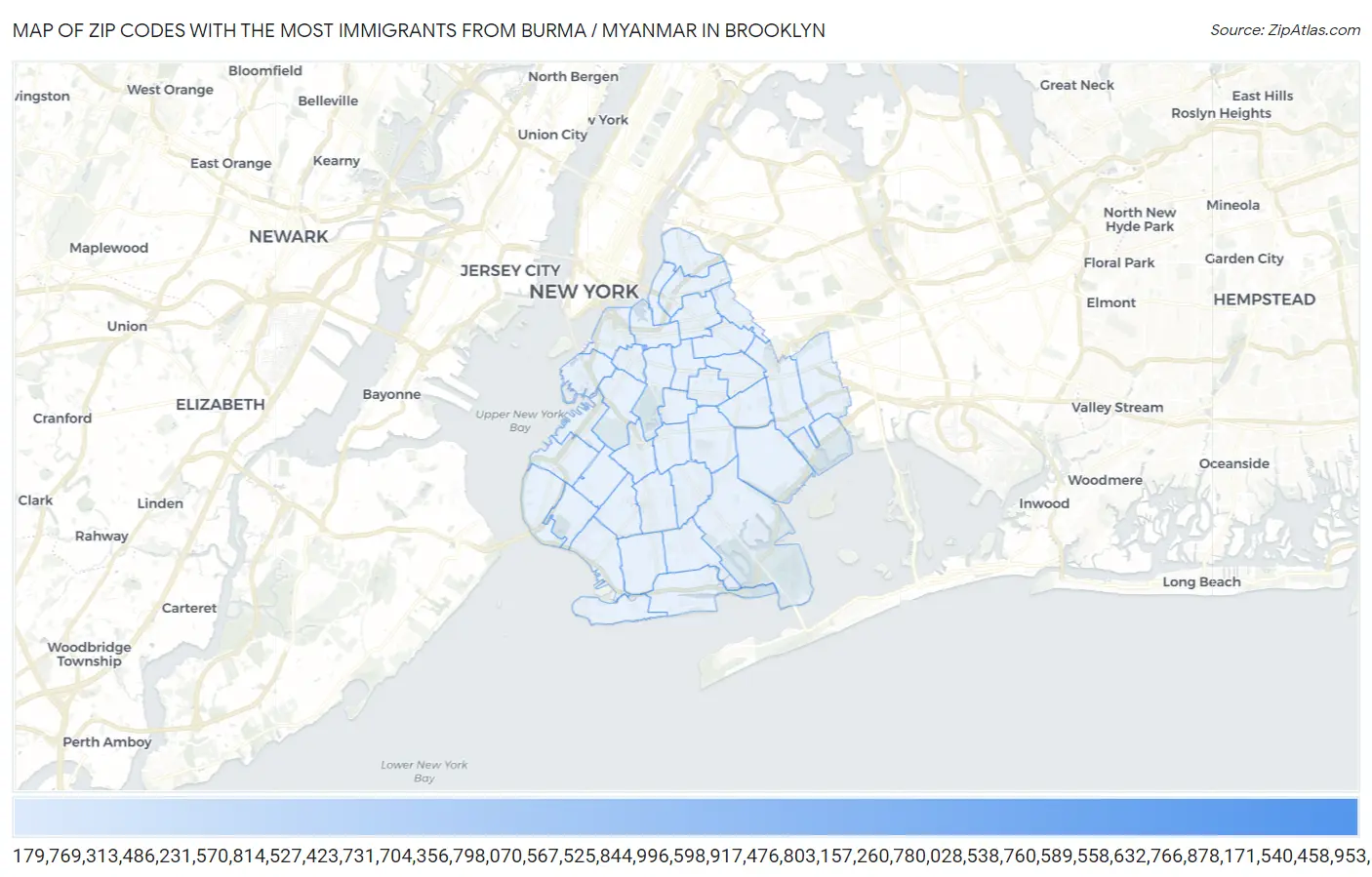 Zip Codes with the Most Immigrants from Burma / Myanmar in Brooklyn Map
