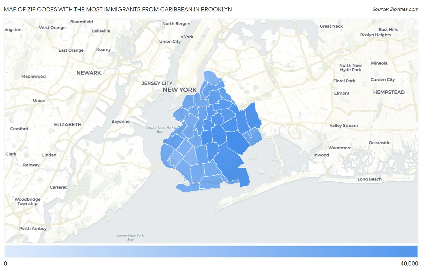 Zip Codes with the Most Immigrants from Caribbean in Brooklyn Map