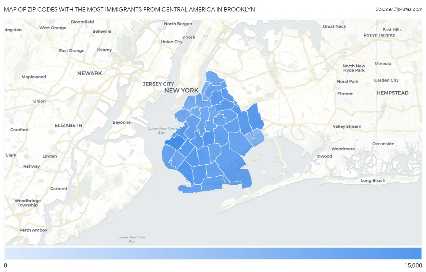 Zip Codes with the Most Immigrants from Central America in Brooklyn Map