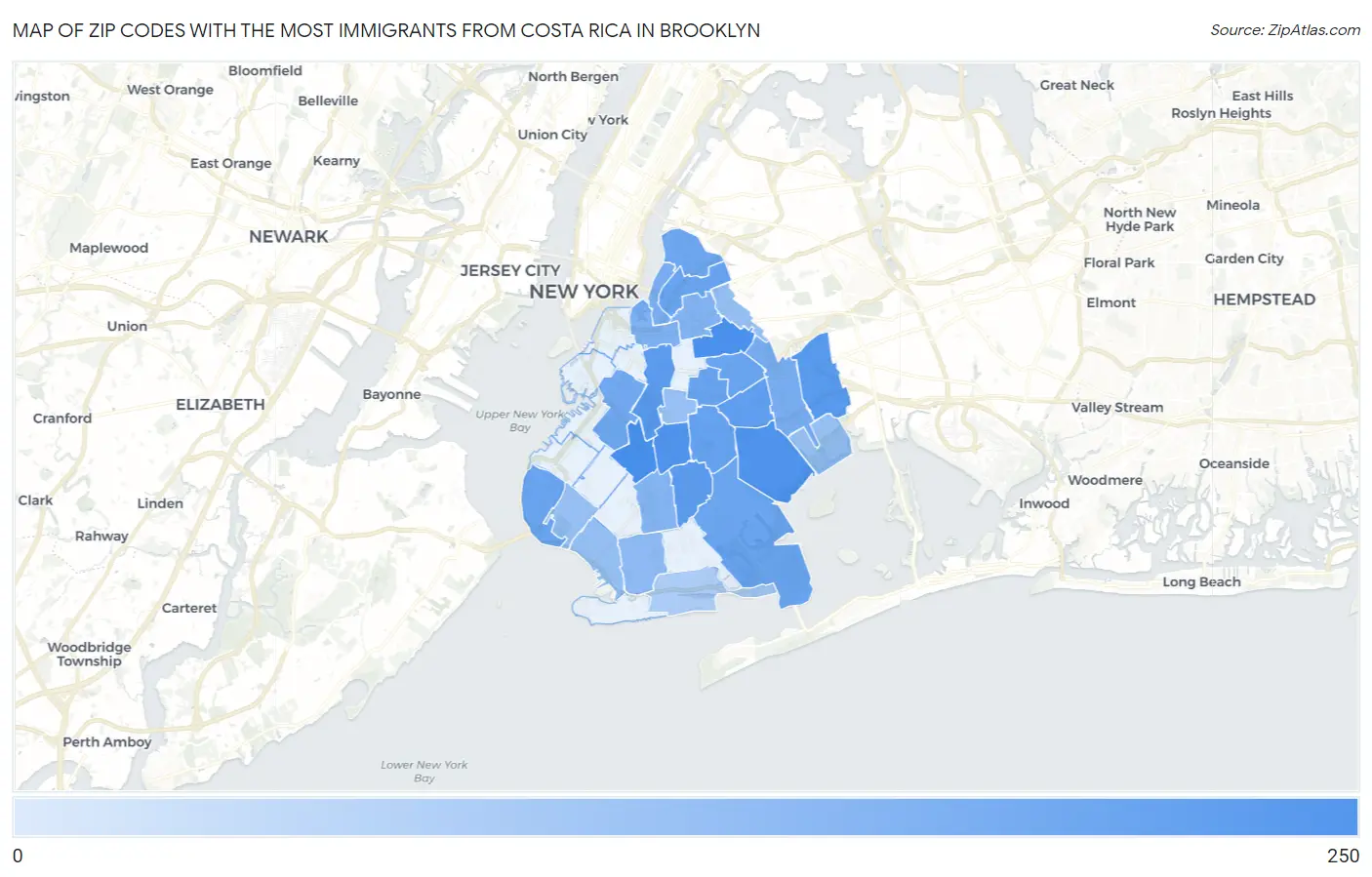 Zip Codes with the Most Immigrants from Costa Rica in Brooklyn Map