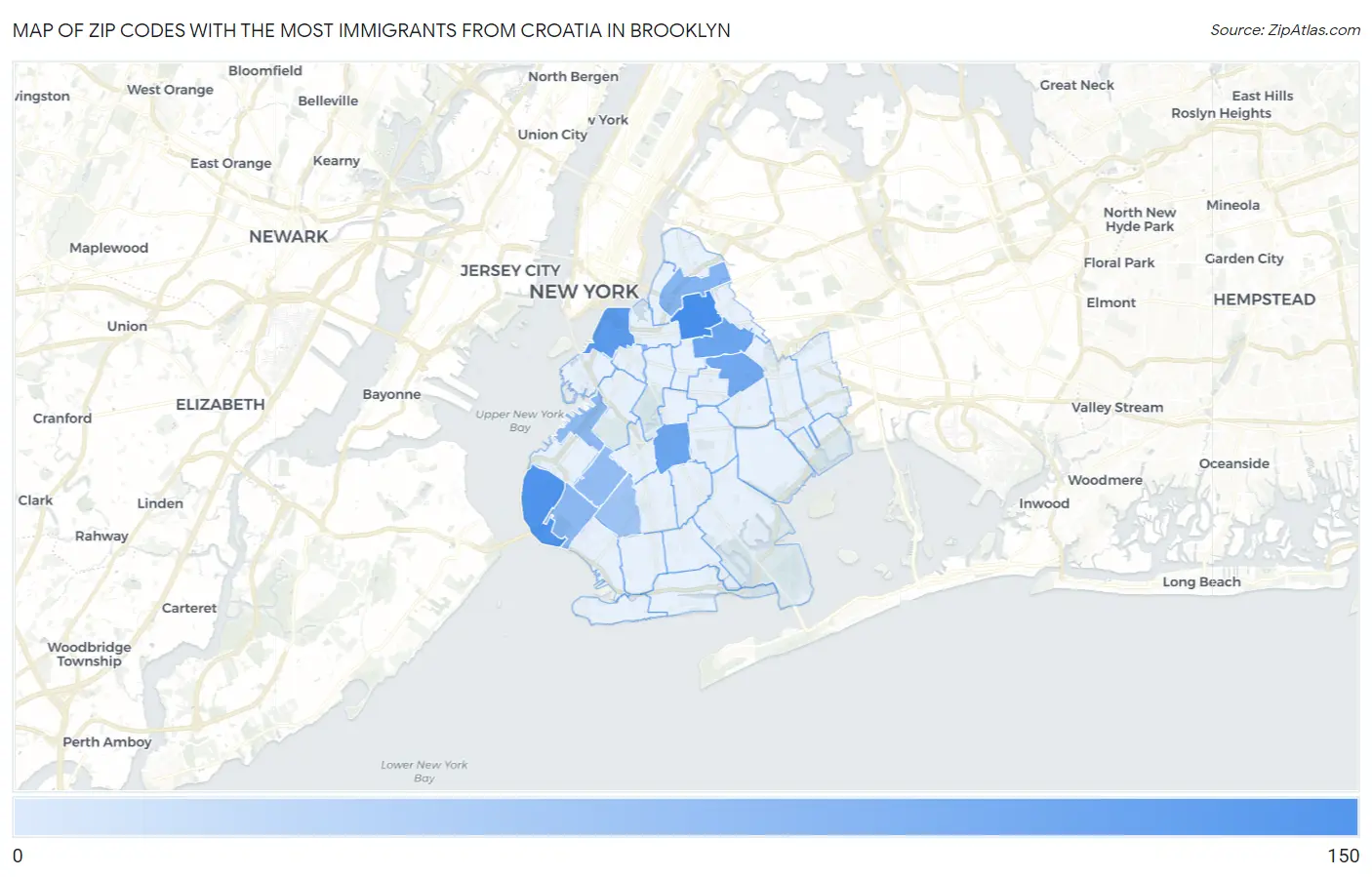Zip Codes with the Most Immigrants from Croatia in Brooklyn Map