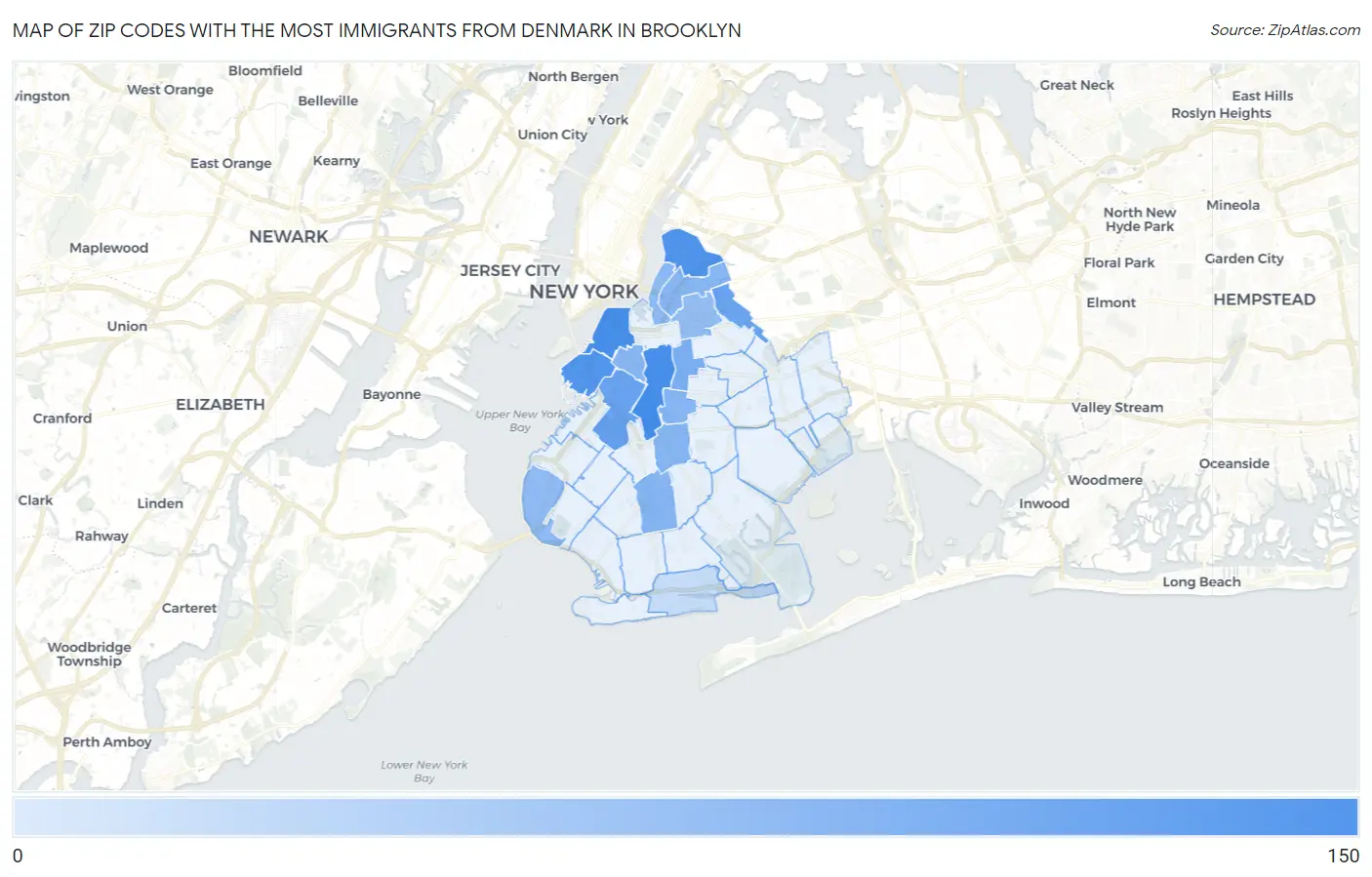Zip Codes with the Most Immigrants from Denmark in Brooklyn Map