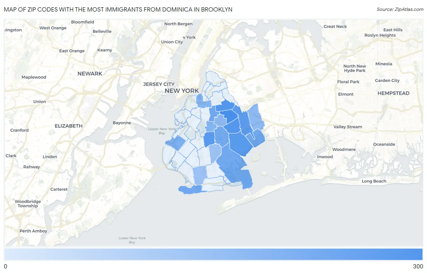 Zip Codes with the Most Immigrants from Dominica in Brooklyn Map